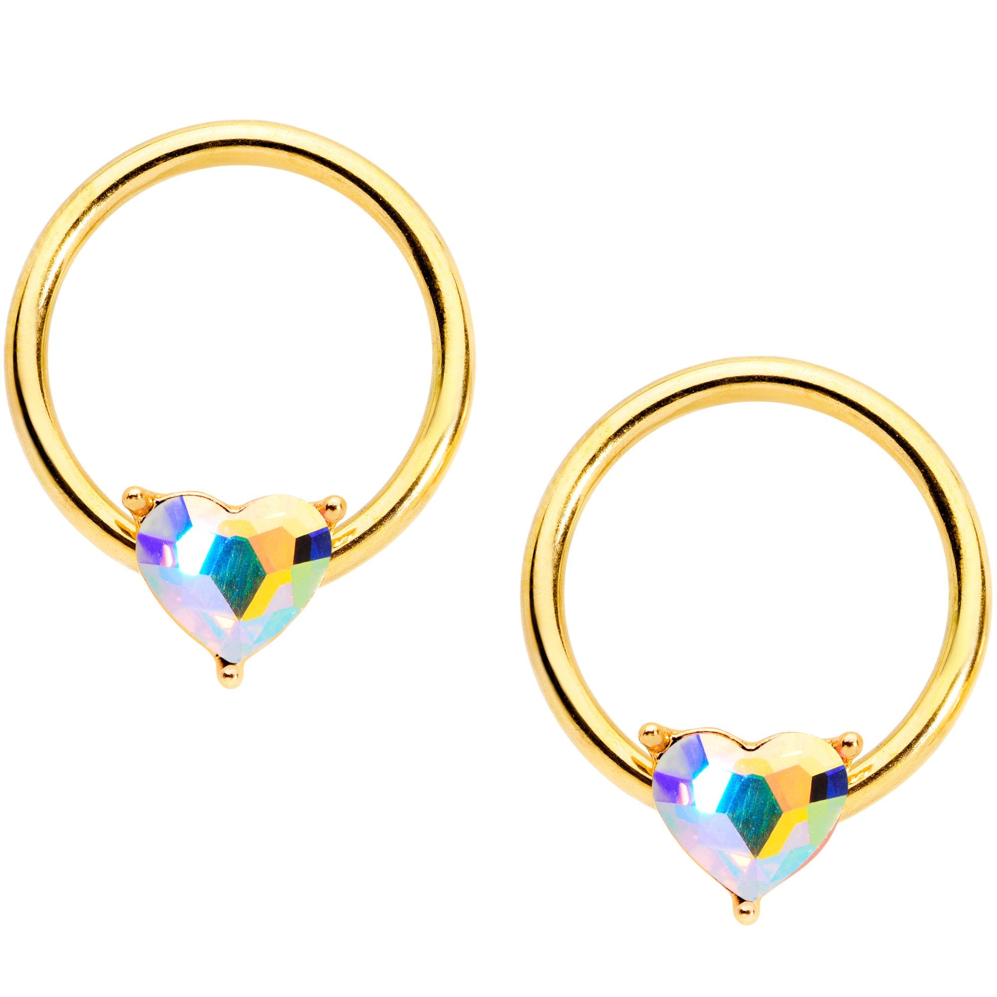 14G Aurora Heart Gem Gold Tone BCR Barbell Nipple Ring Set
