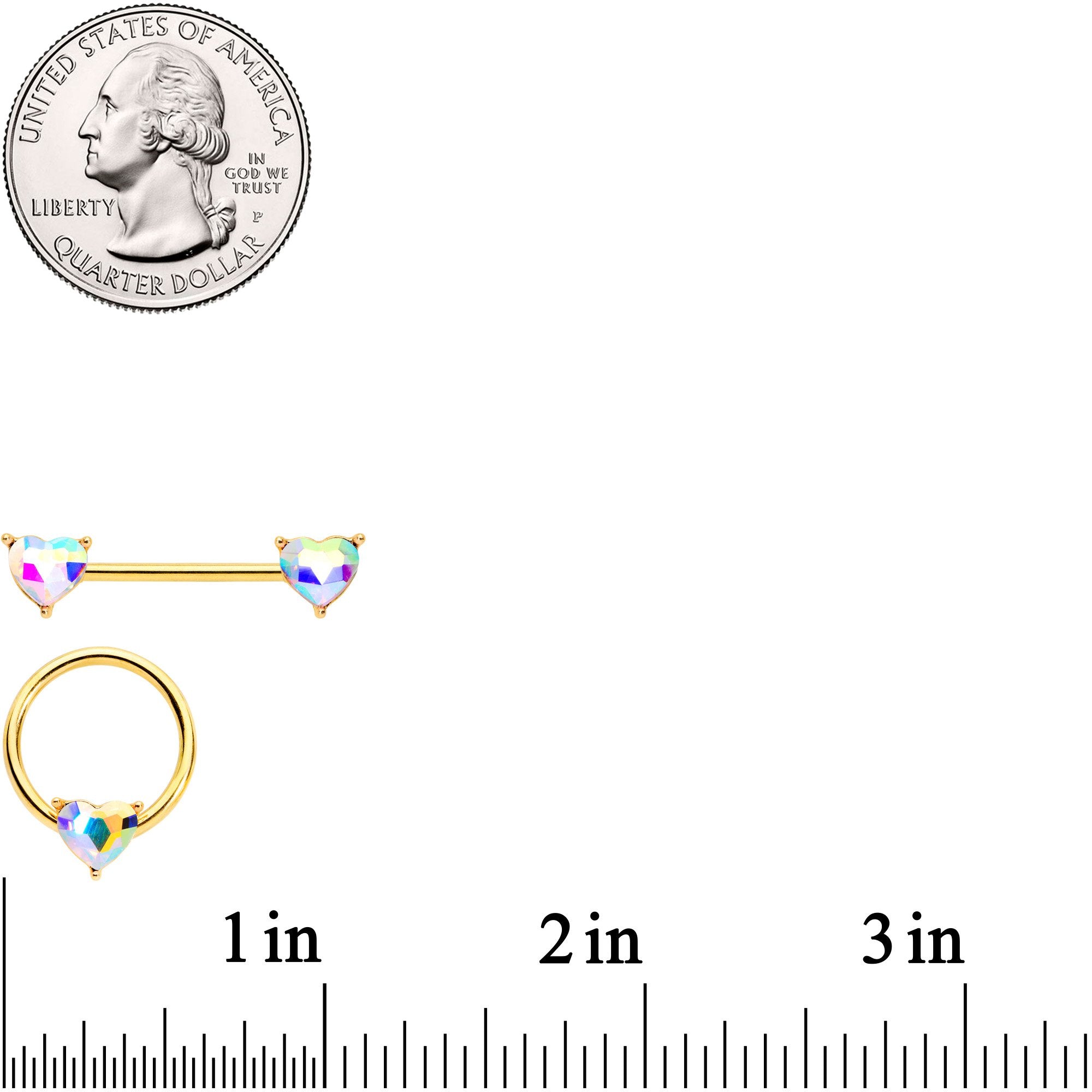 14 Gauge Aurora Heart Gem Gold Tone BCR Barbell Nipple Ring Set