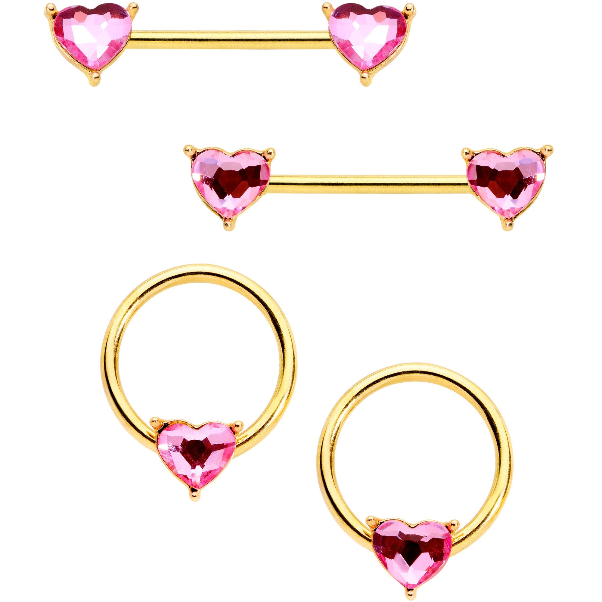 14G Pink Heart Gem Gold Tone BCR Nipple Ring Set