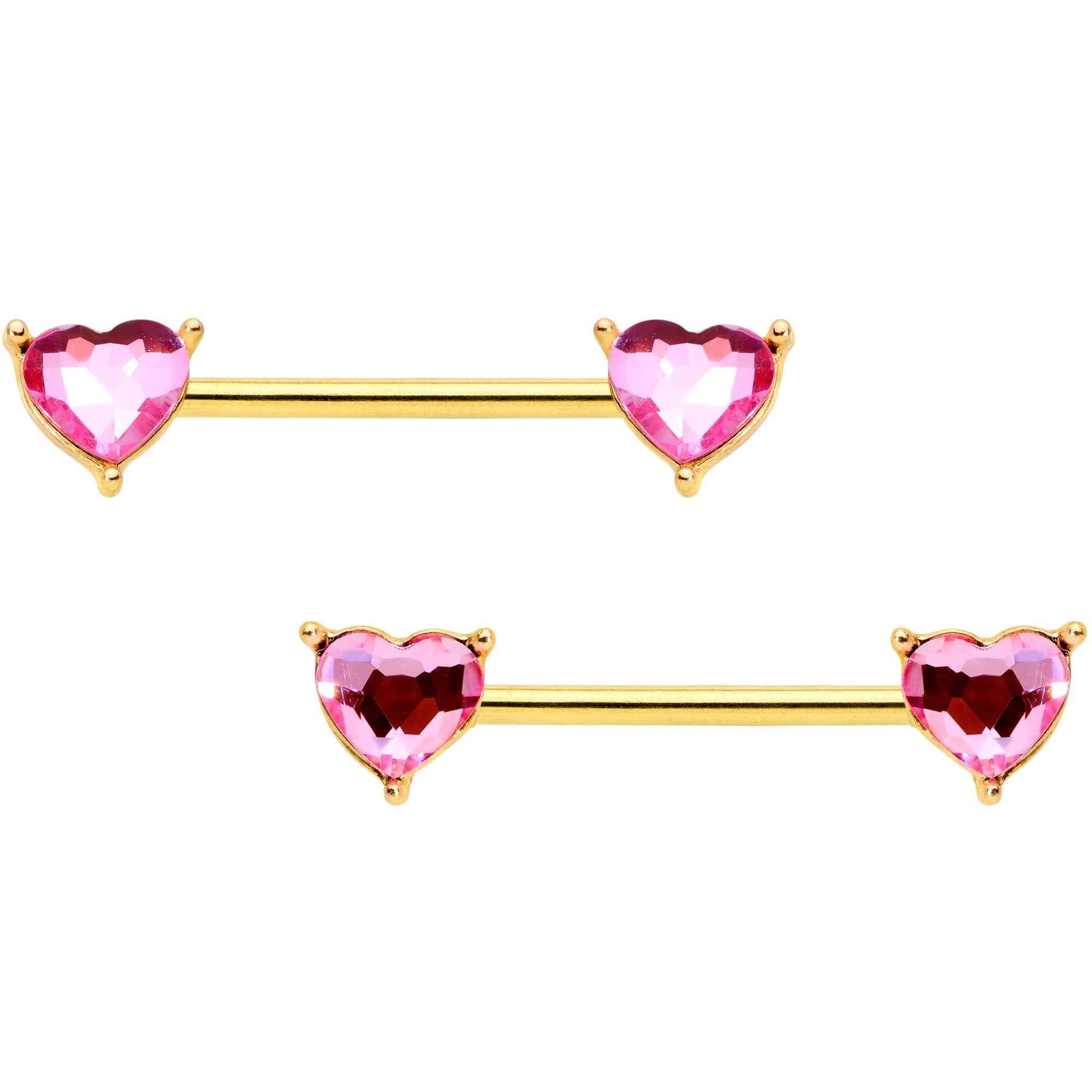 14G Pink Heart Gem Gold Tone BCR Nipple Ring Set