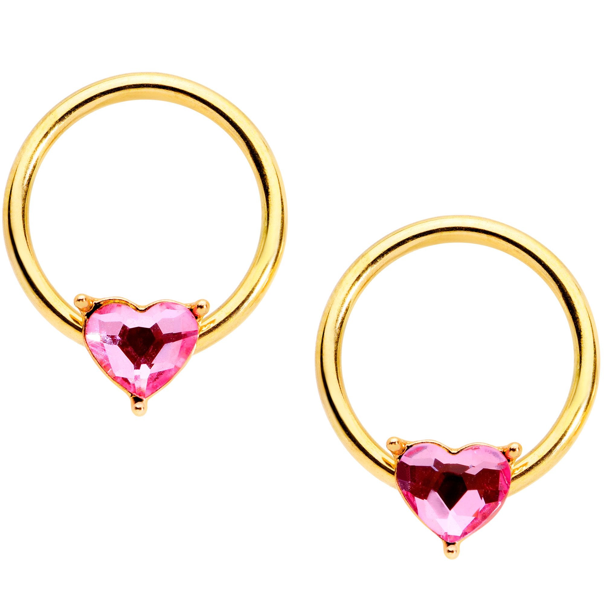 14G Pink Heart Gem Gold Tone BCR Nipple Ring Set