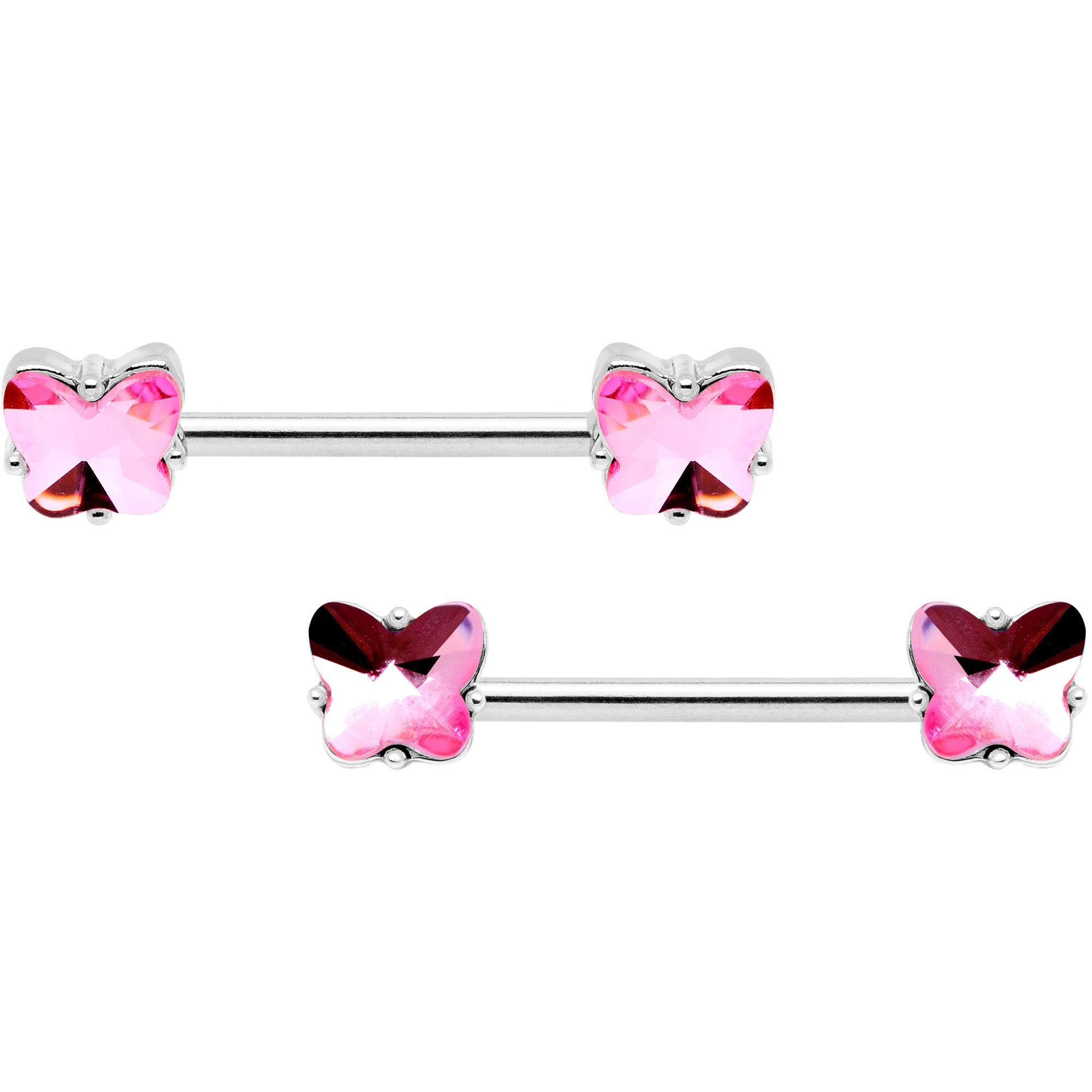 14G 9/16 1/2 Pink Butterfly Gem BCR Barbell Nipple Ring Set