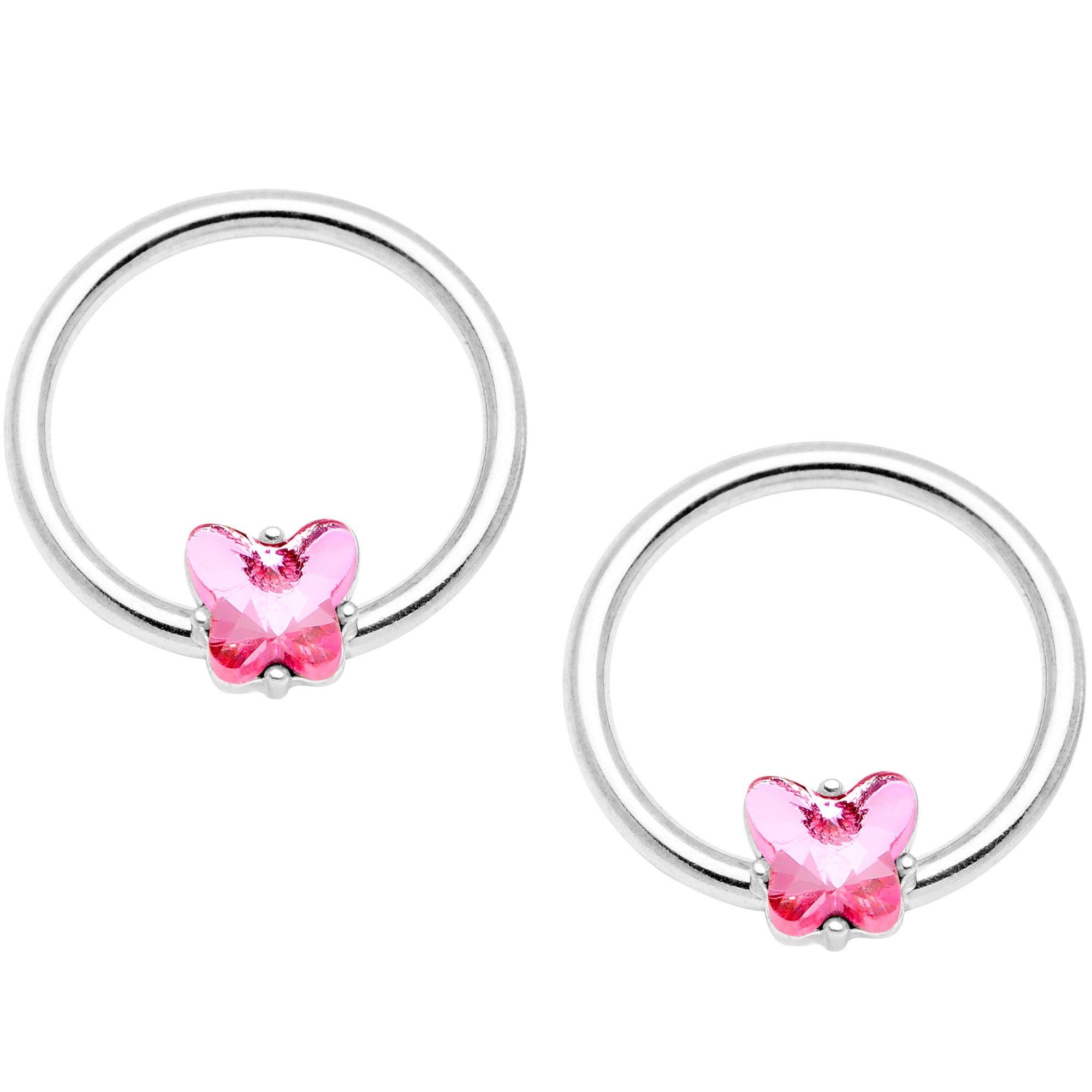 14G 9/16 1/2 Pink Butterfly Gem BCR Barbell Nipple Ring Set