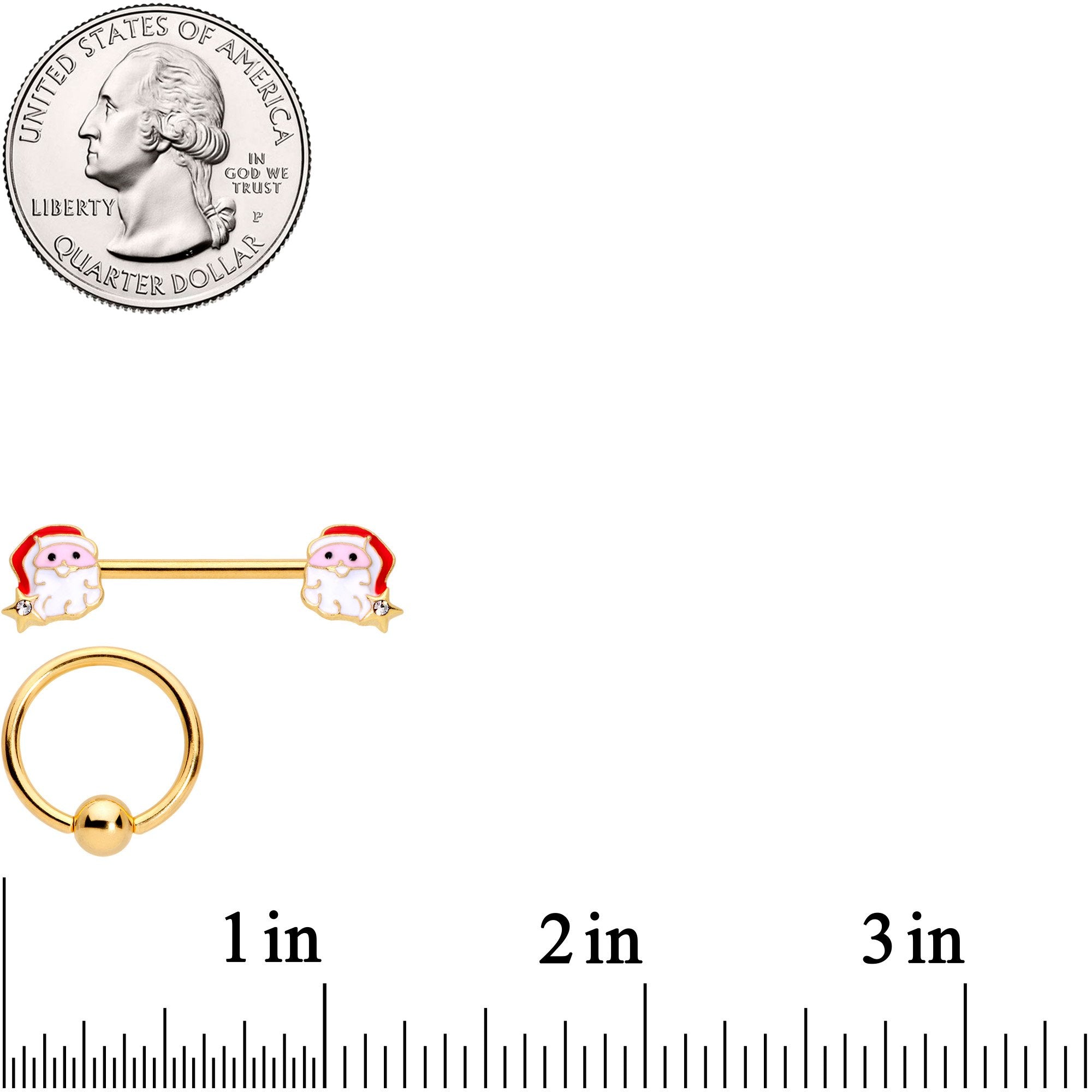 14 Gauge 1/2 Gold Tone Santa Captive Barbell Nipple Ring Set of 4