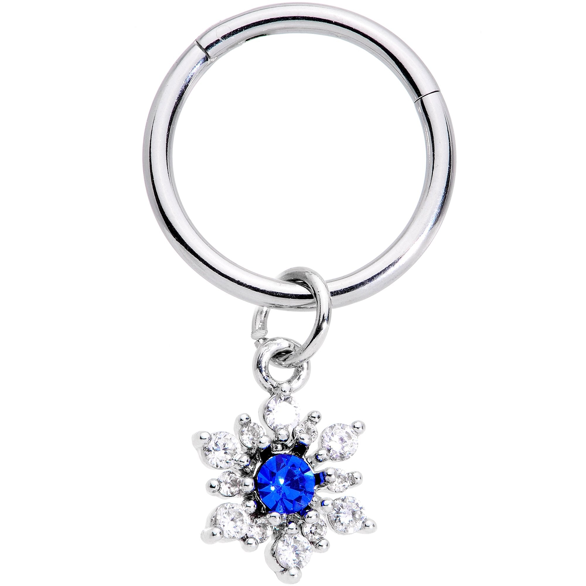 16G 3/8 Blue Clear Snowflake Hinged Dangle Segment Ring