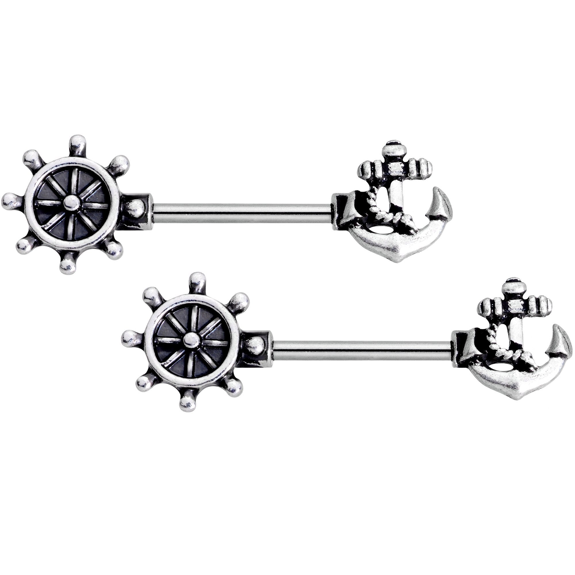 14G 9/16 Wheel and Anchor Nautical Barbell Nipple Ring Set