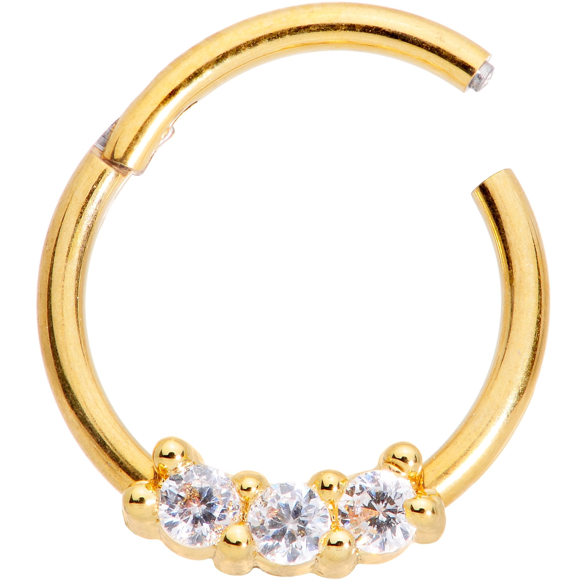 16G 3/8 Clear CZ Gem Gold Tone Trio Hinged Segment Ring