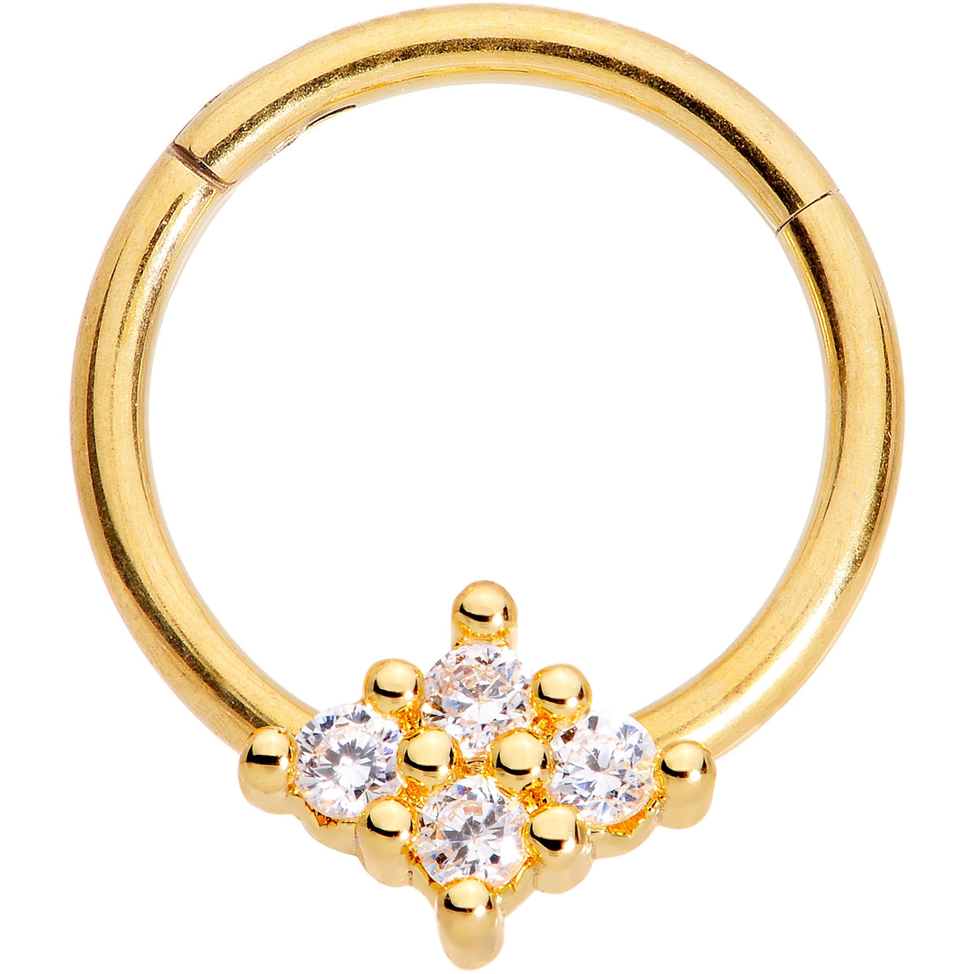 16G 3/8 Clear CZ Gem Gold Tone Quad Rhombus Hinged Segment Ring