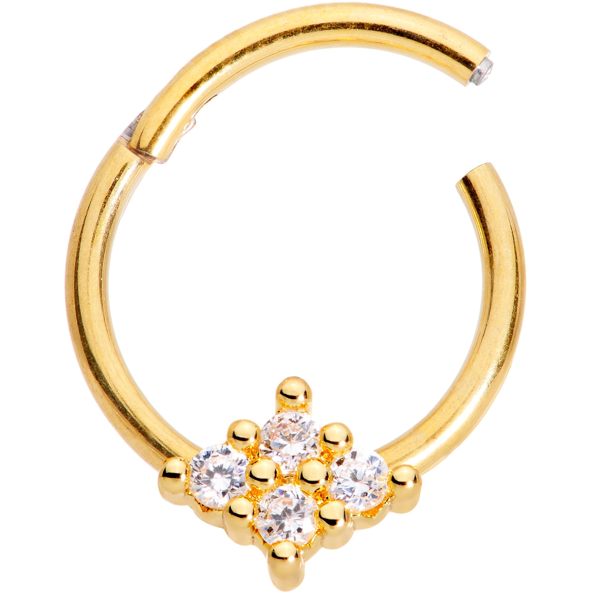 16G 3/8 Clear CZ Gem Gold Tone Quad Rhombus Hinged Segment Ring
