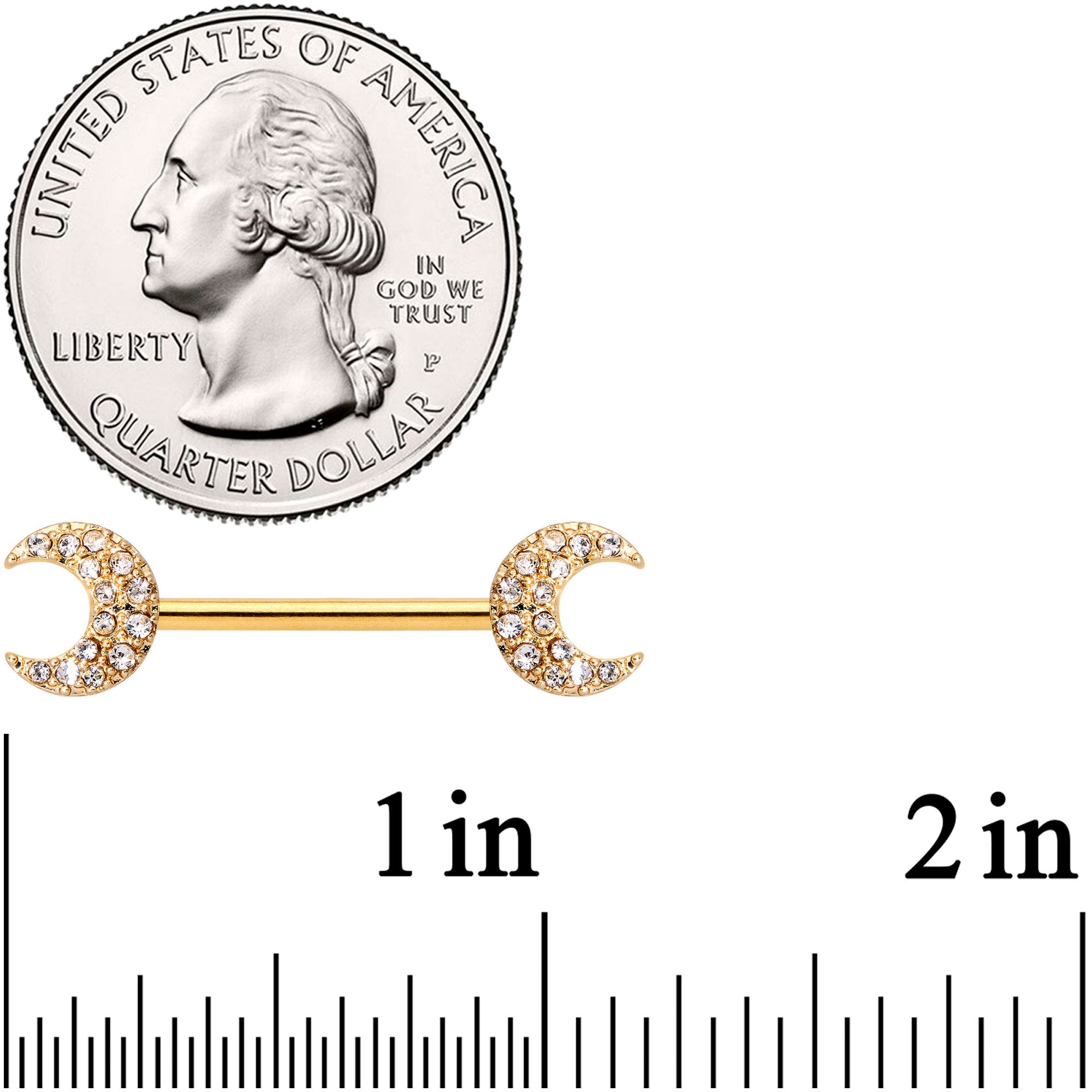 14G 9/16 Clear Gem Gold Tone Crescent Moon Barbell Nipple Ring Set