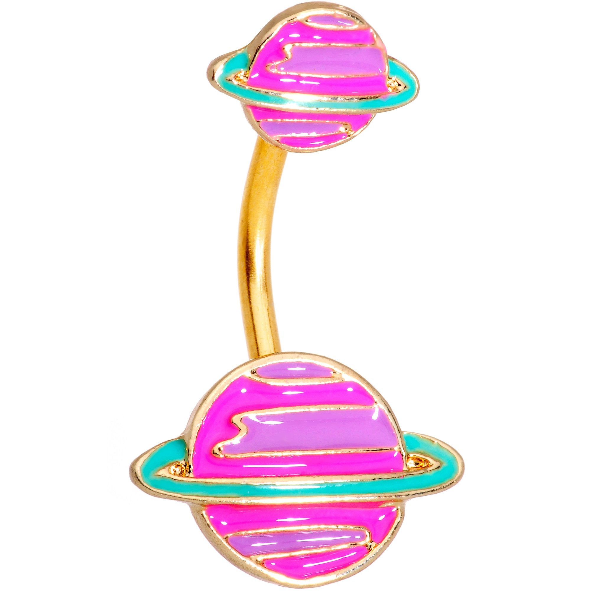 Gold Tone Pink Planet Saturn Double Mount Belly Ring