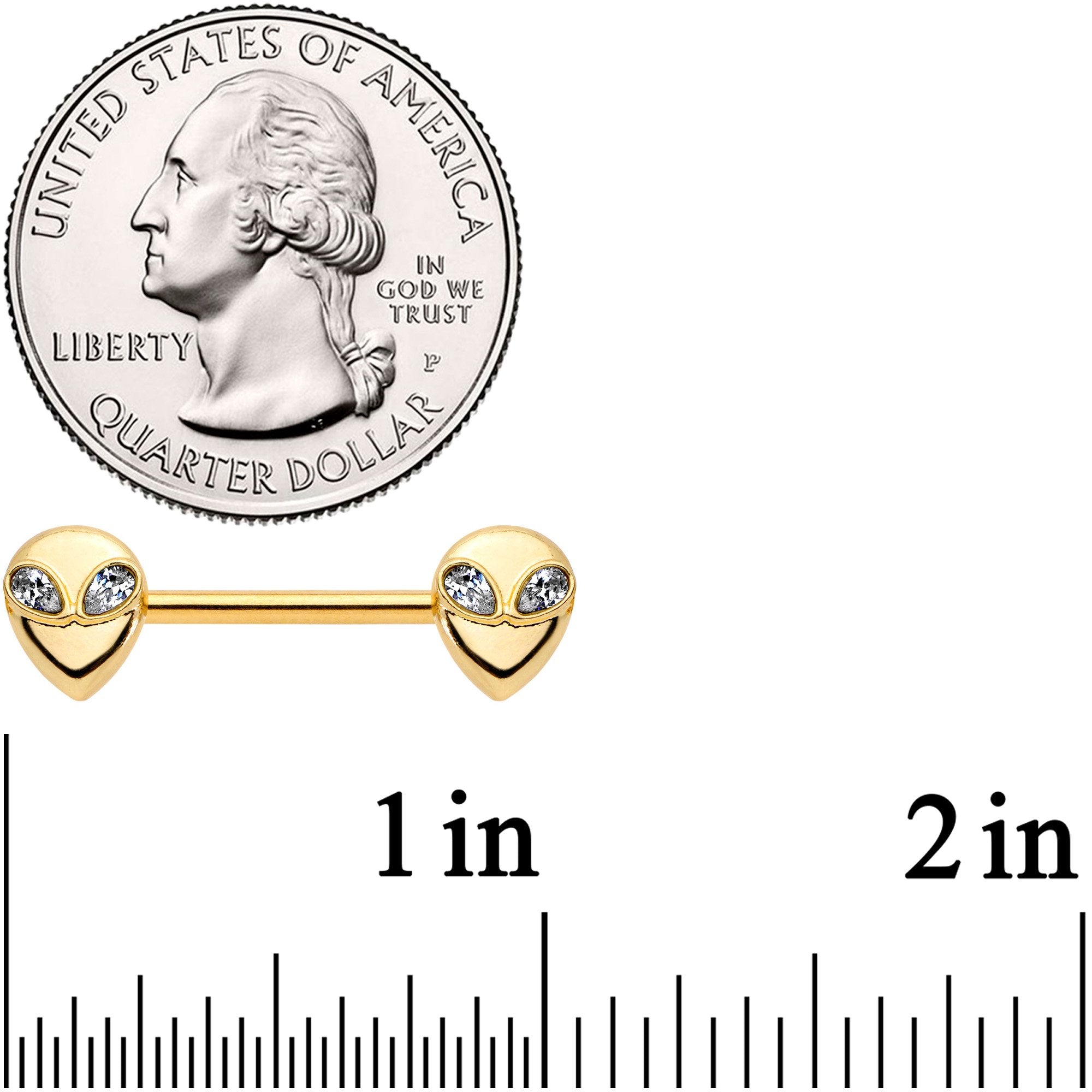 14G 9/16 Clear Gem Gold PVD Space Alien Barbell Nipple Ring Set