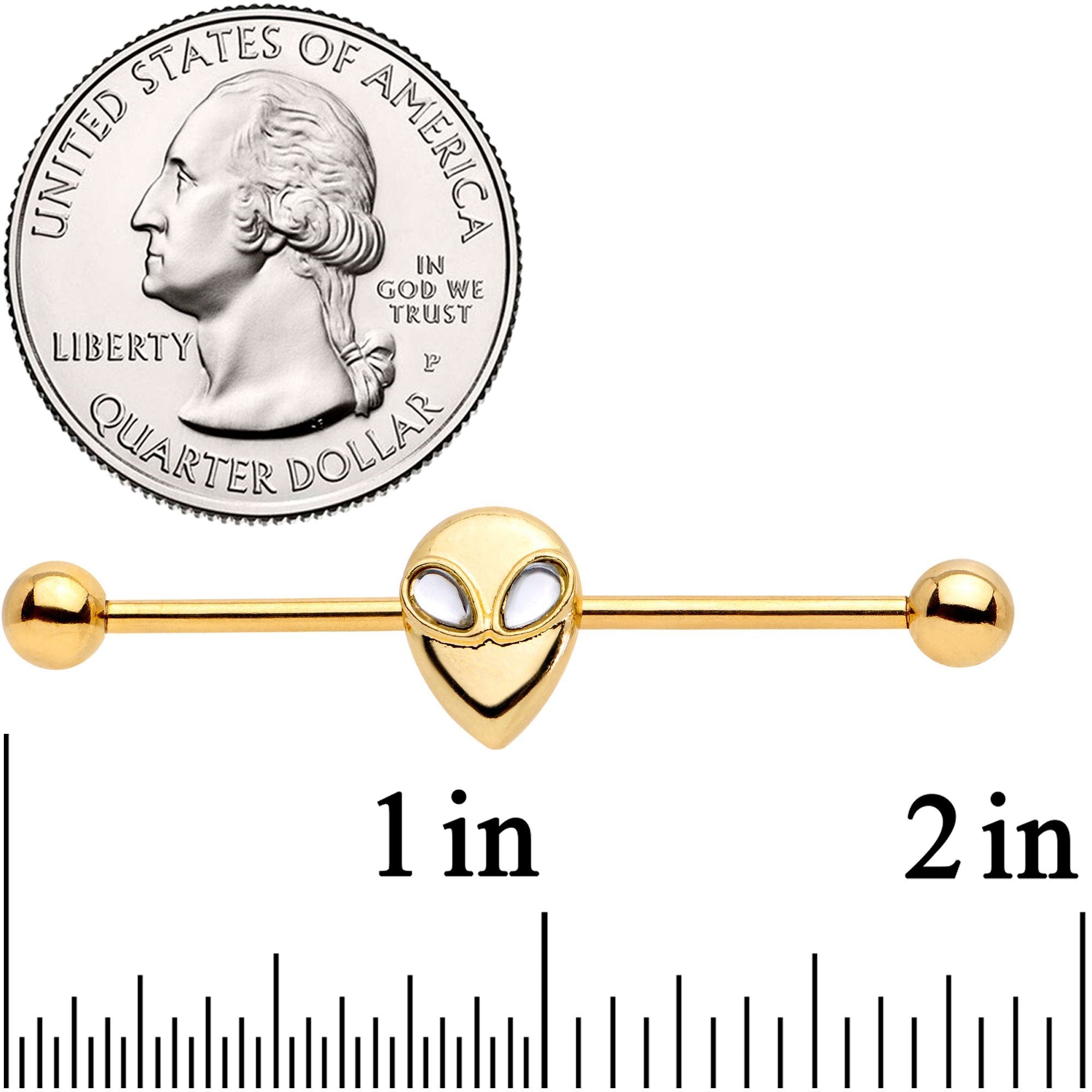 14G Clear Gem Gold Tone Alien Invader Industrial Barbell 38mm