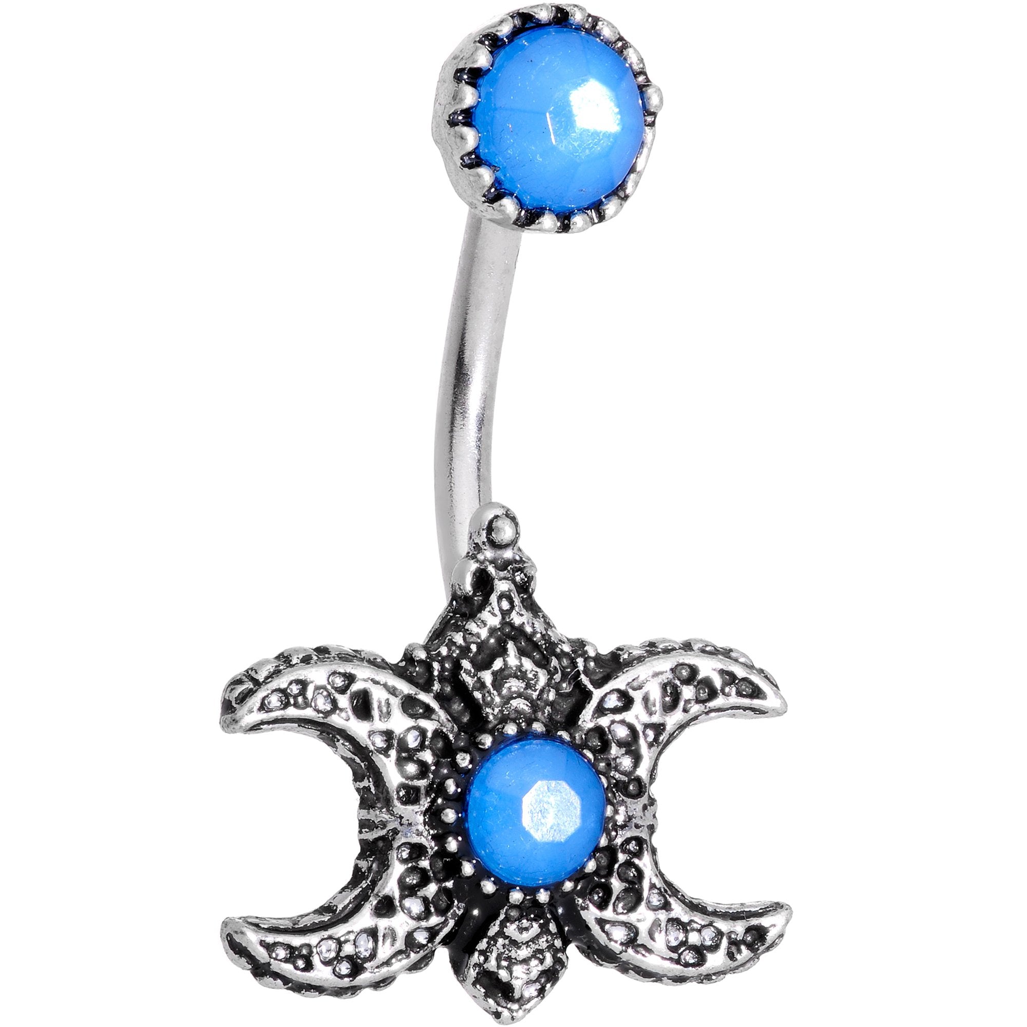 Blue Faux Opal Ornate Triple Moon Goddess Belly Ring