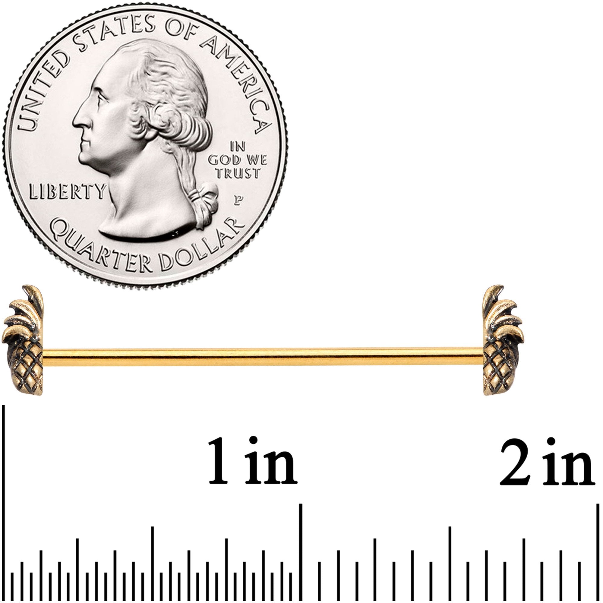 14G Gold Tone Split Pineapple Ends Industrial Barbell 38mm