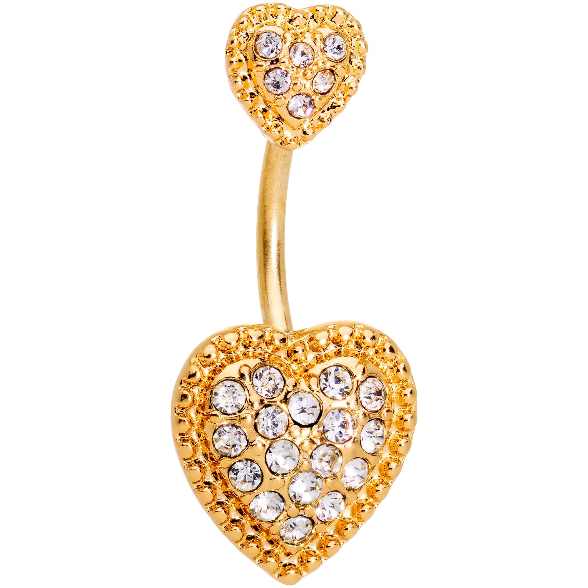 Clear CZ Gem Gold Tone Art Deco Heart Double Mount Belly Ring