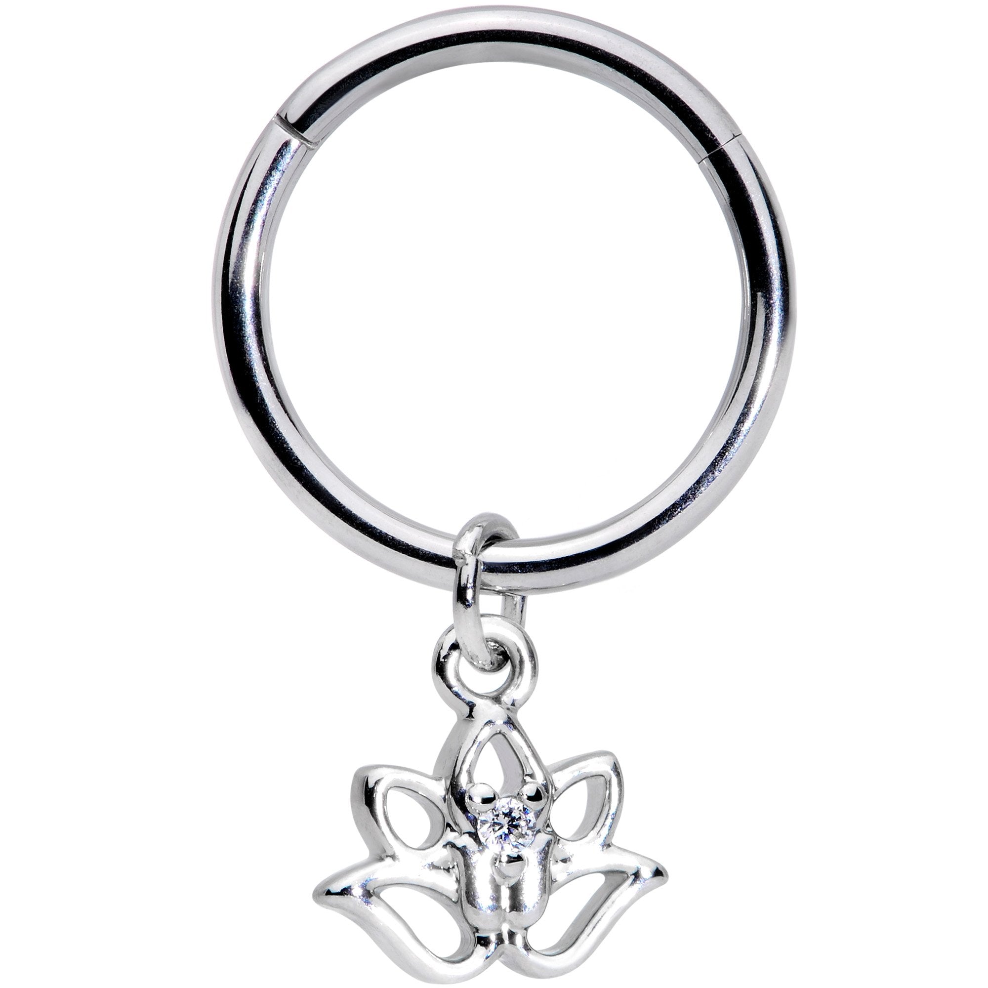 16G 3/8 Clear CZ Gem Lotus Flower Dangle Hinged Segment Ring