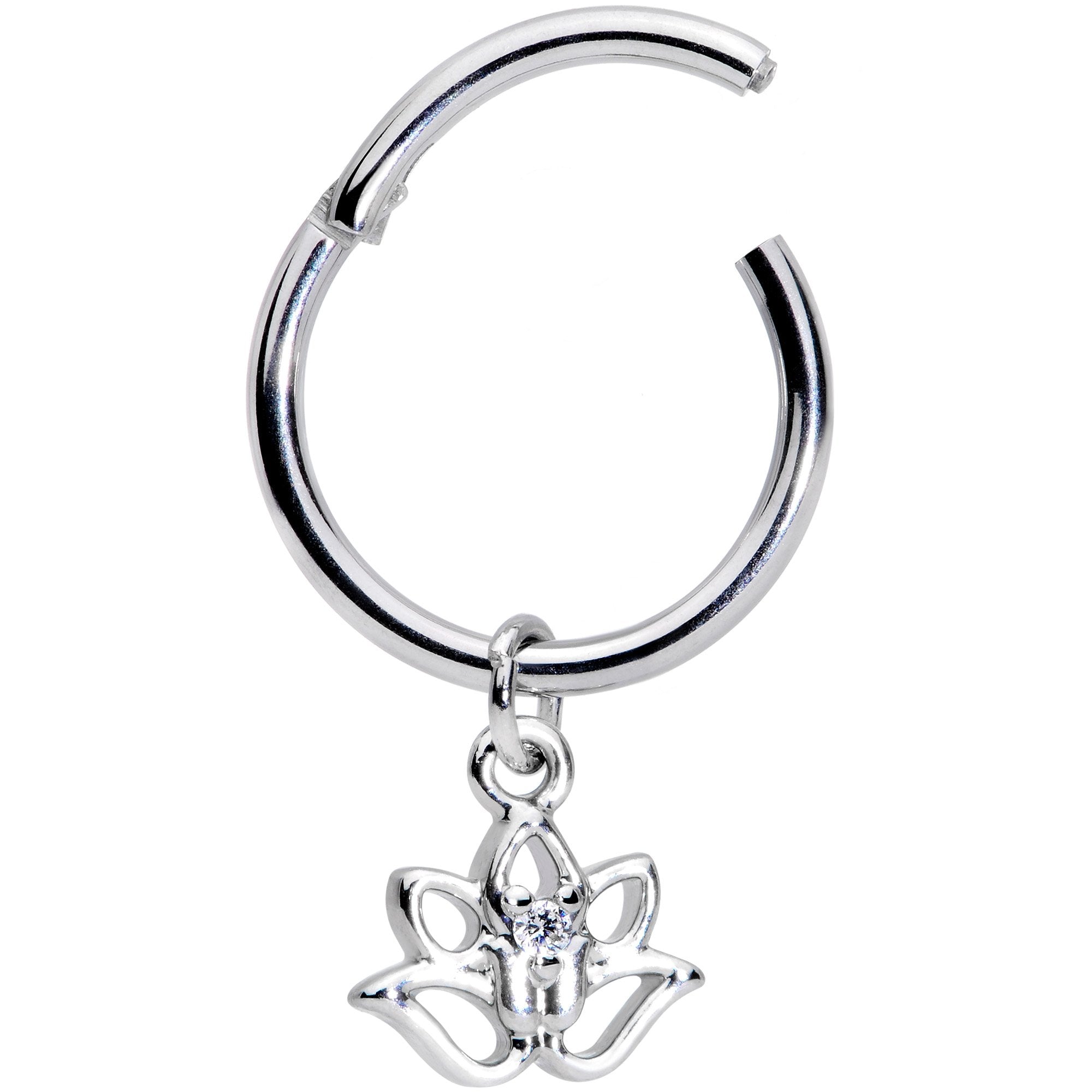 16G 3/8 Clear CZ Gem Lotus Flower Dangle Hinged Segment Ring