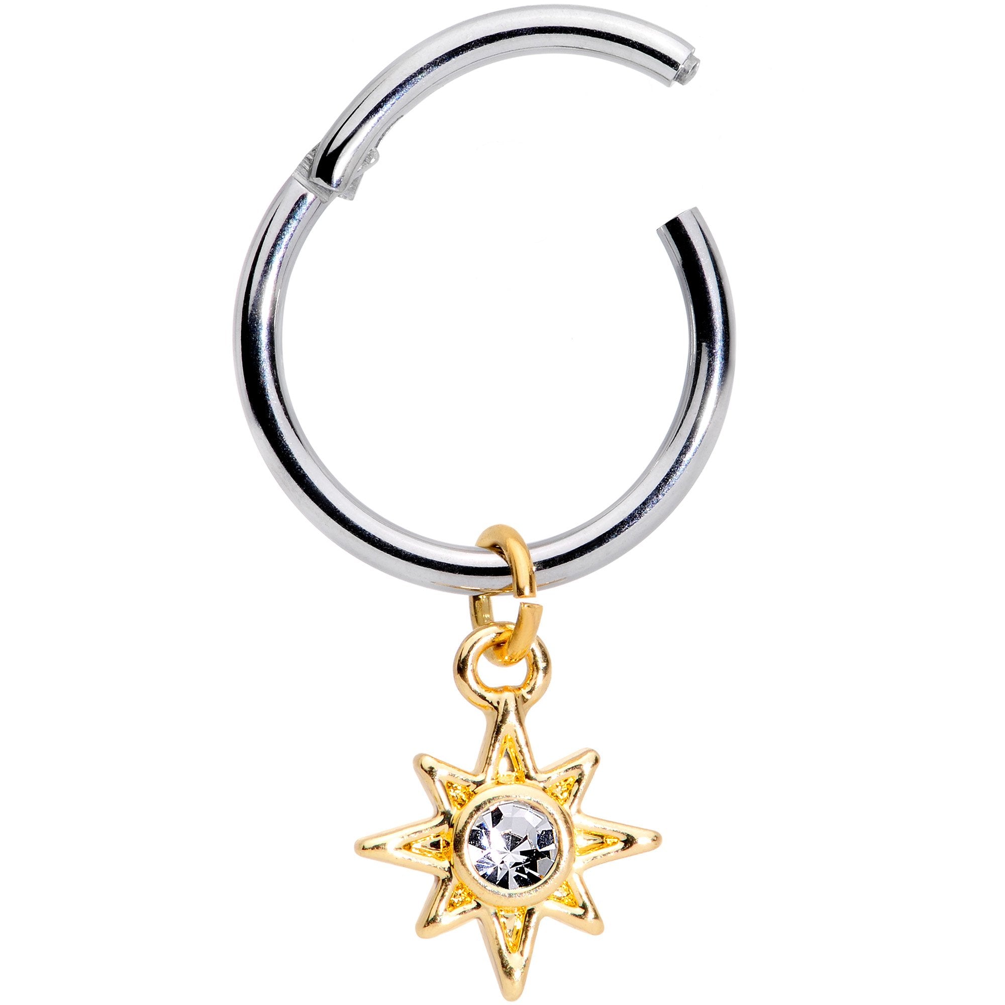 16G 3/8 Clear Cubic Zirconia Gem Star Dangle Hinged Segment Ring