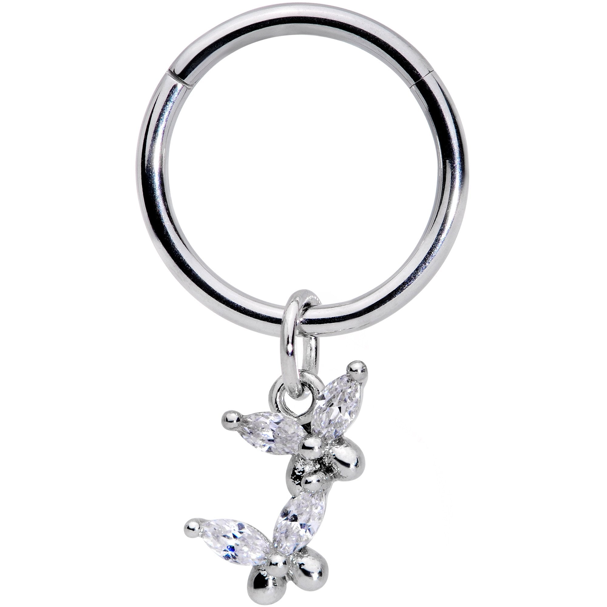16G 3/8 Clear CZ Gem Fluttering Butterflies Hinged Segment Ring