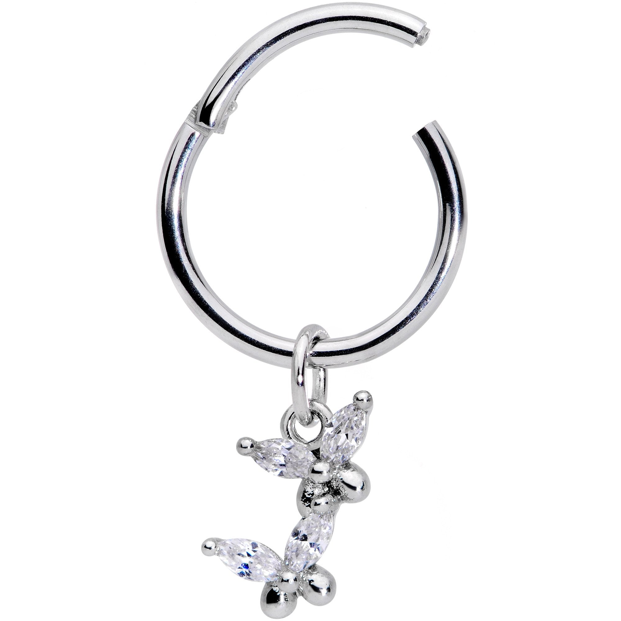 16G 3/8 Clear CZ Gem Fluttering Butterflies Hinged Segment Ring