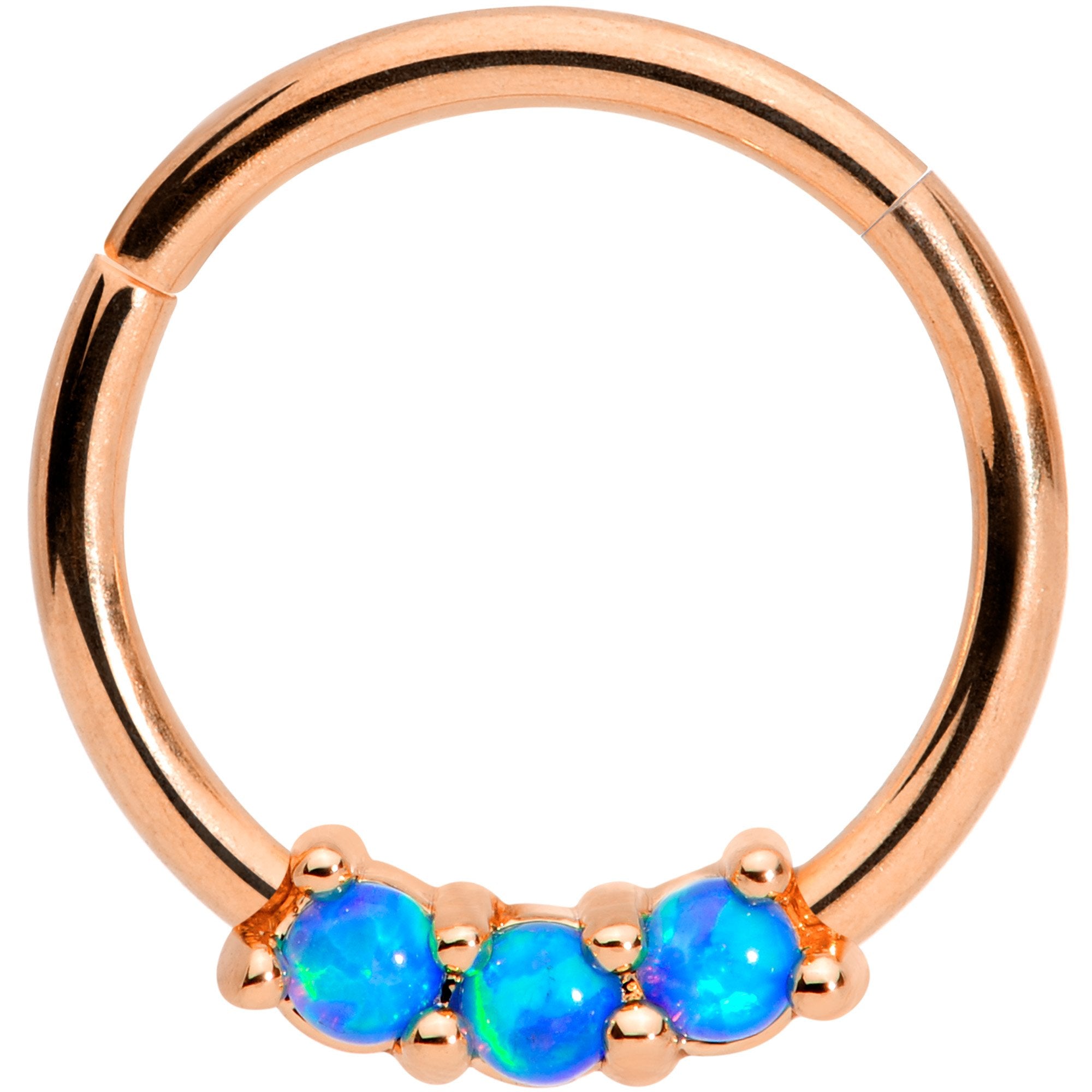 16G 3/8 Blue Synthetic Opal Rose Gold Tone Hinged Segment Ring