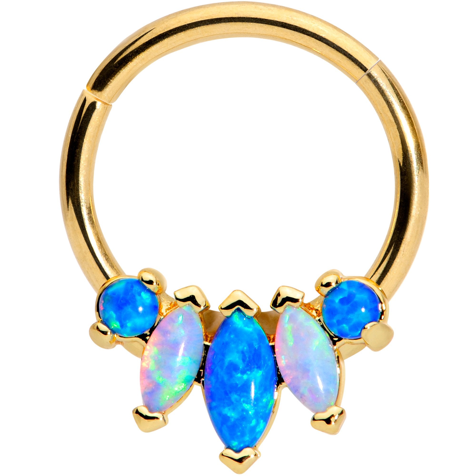 16 Gauge 3/8 Blue White Synthetic Opal Gold Tone Hinged Segment Ring