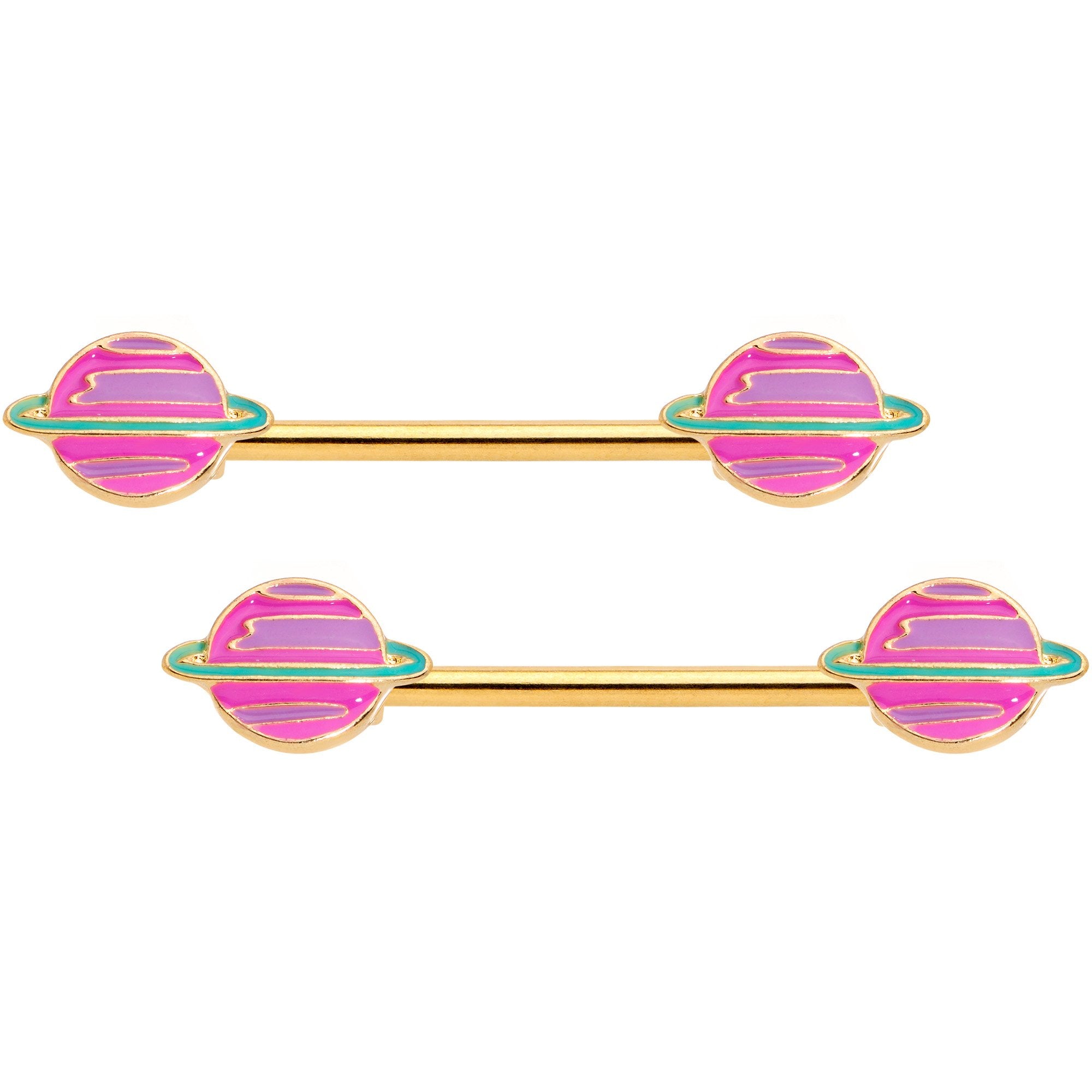 14G 9/16 Gold Tone Pink Planet Saturn Barbell Nipple Ring Set