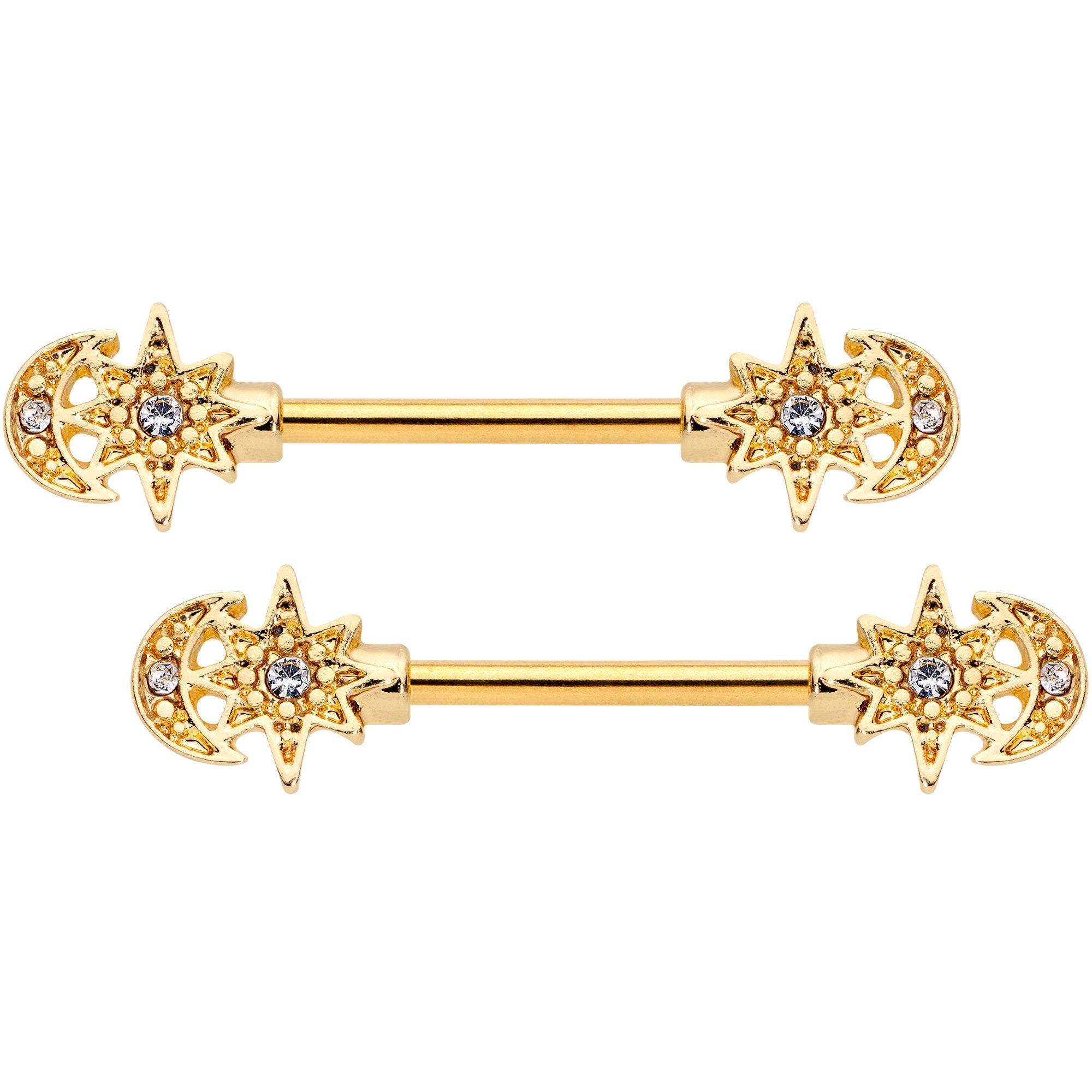 14G 9/16 Clear Gem Gold Tone Holiday Star Barbell Nipple Ring Set