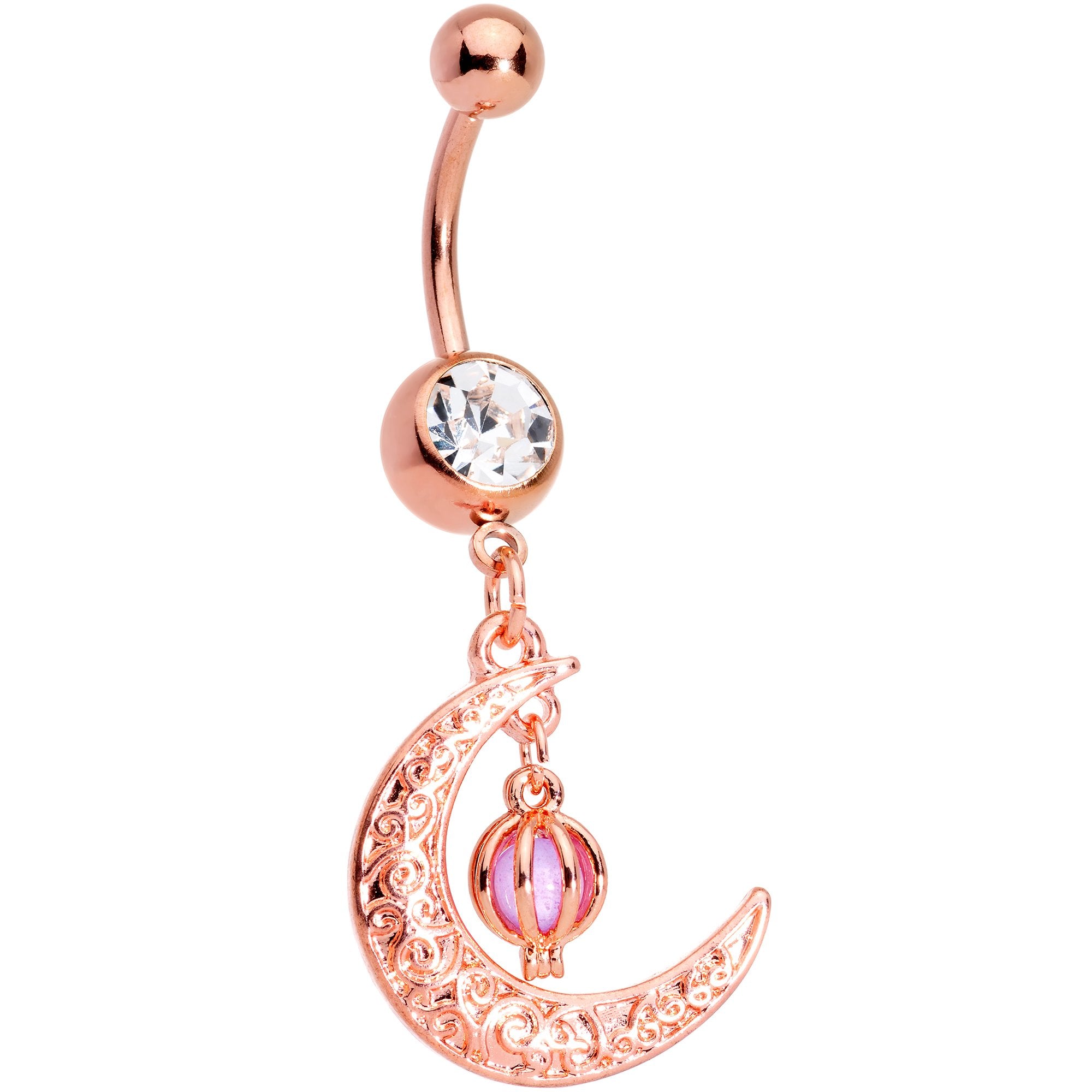 Clear Gem Rose Gold Tone Ornate Moon Orb Dangle Belly Ring