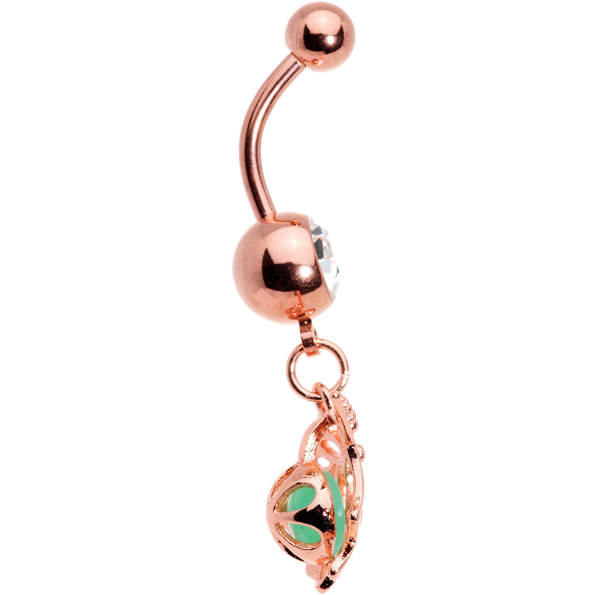 Clear Gem Rose Gold Tone Glow in the Dark Orb Unicorn Dangle Belly Ring