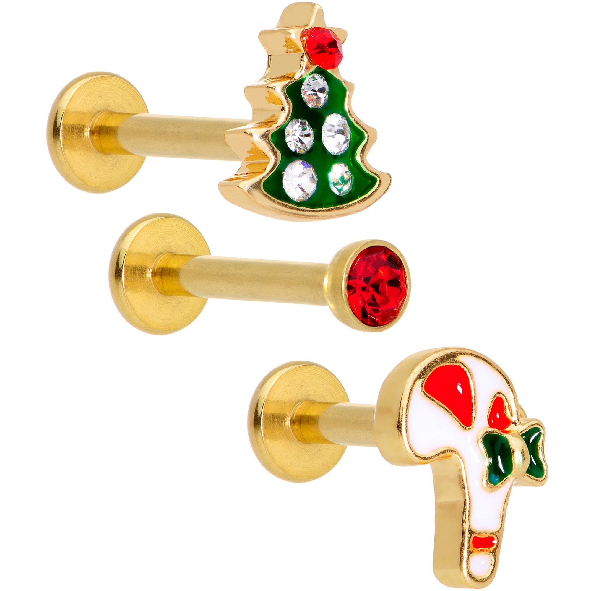 16G 5/16 Gem Gold Tone Holiday Cartilage Tragus Earring Set of 3