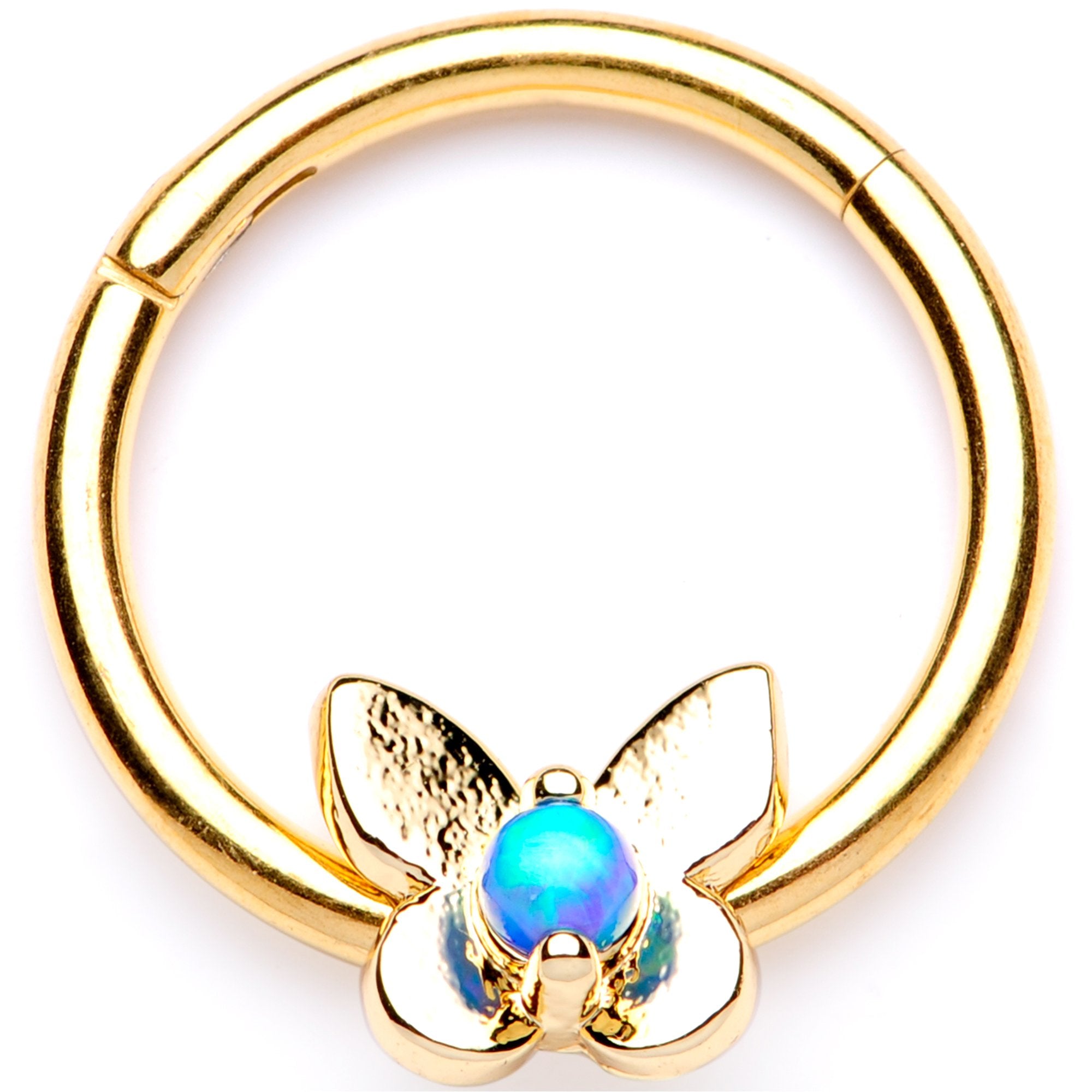 16 Gauge 3/8 Blue Synthetic Opal Bashful Butterfly Hinged Segment Ring