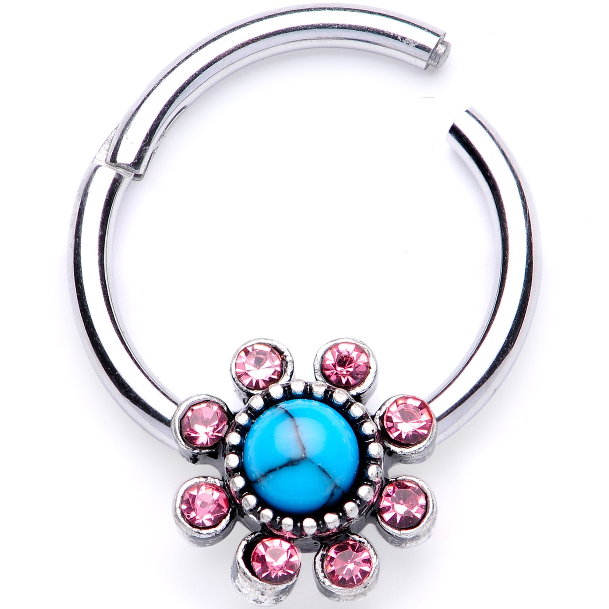 16G 3/8 Pink Gem Faux Turquoise Flower Hinged Segment Ring