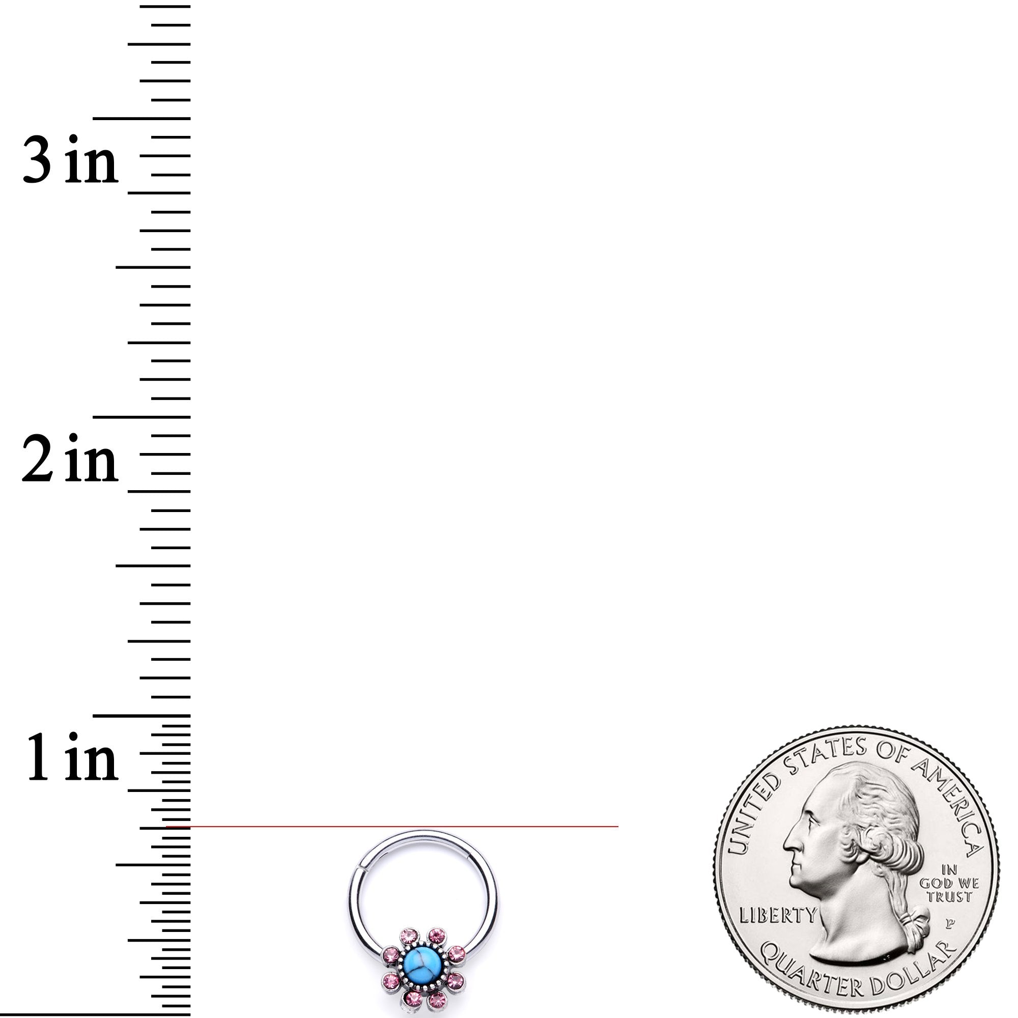 16G 3/8 Pink Gem Faux Turquoise Flower Hinged Segment Ring