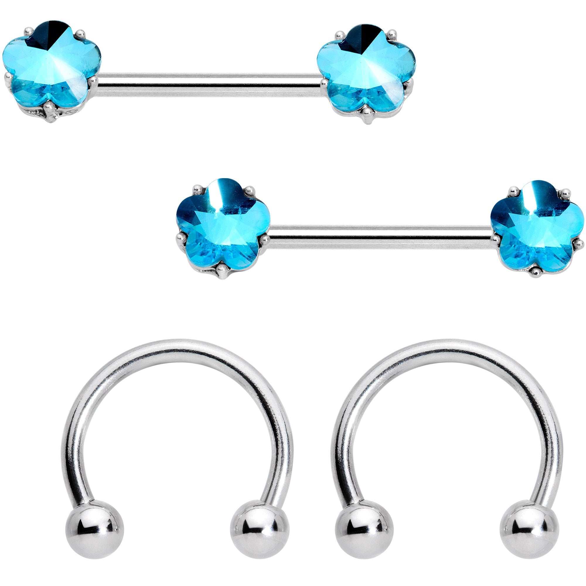 14G 9/16 1/2 Aqua Gem Flower Horseshoe Barbell Nipple Ring Set