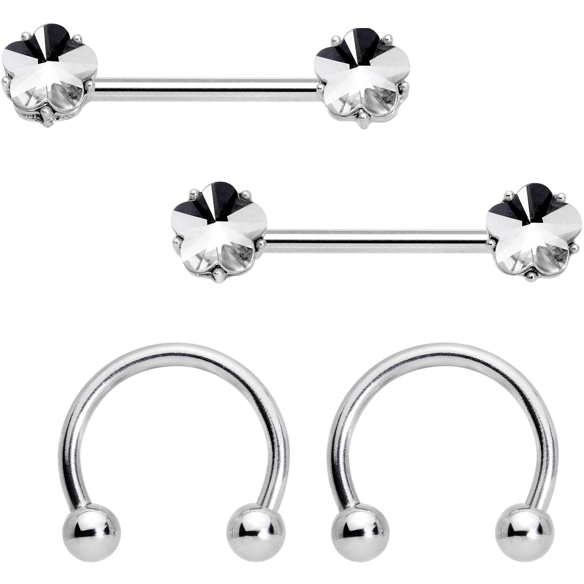14G 9/16 1/2 Clear Gem Flower Horseshoe Barbell Nipple Ring Set