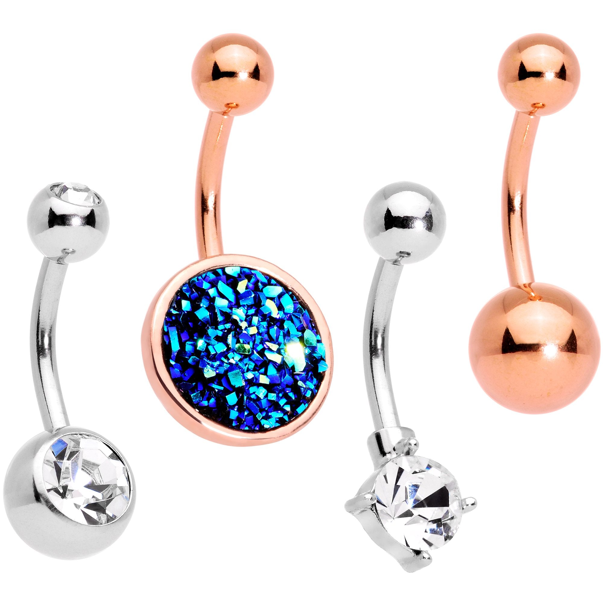 Clear Gem Blue Faux Druzy Rose Gold Tone Belly Ring Set of 4