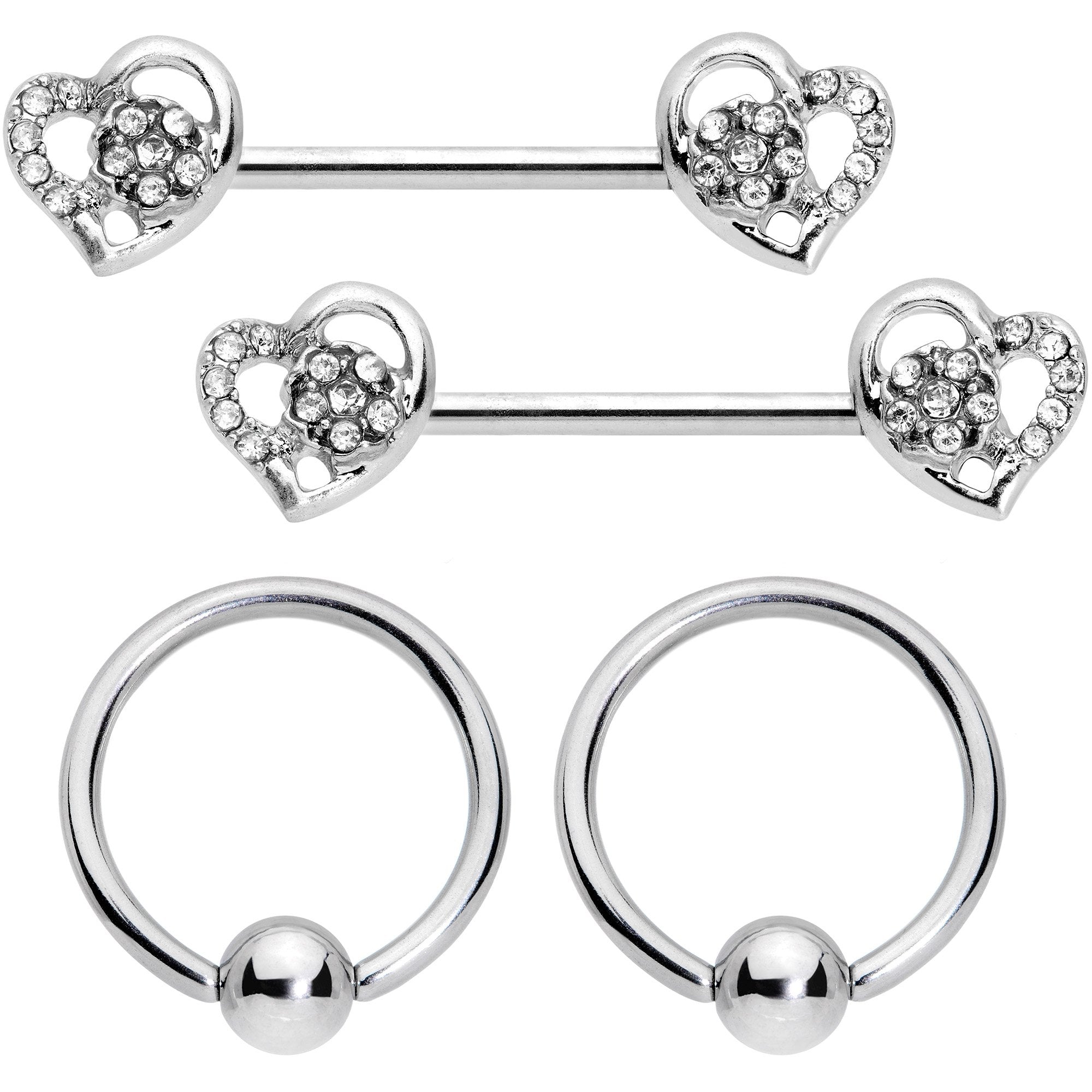 14G 9/16 5/16 Clear Gem Hearts BCR Barbell Nipple Ring Set