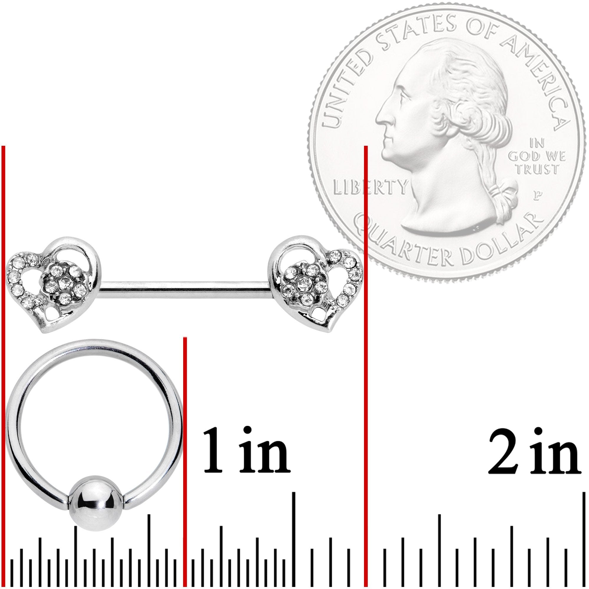 14G 9/16 5/16 Clear Gem Hearts BCR Barbell Nipple Ring Set