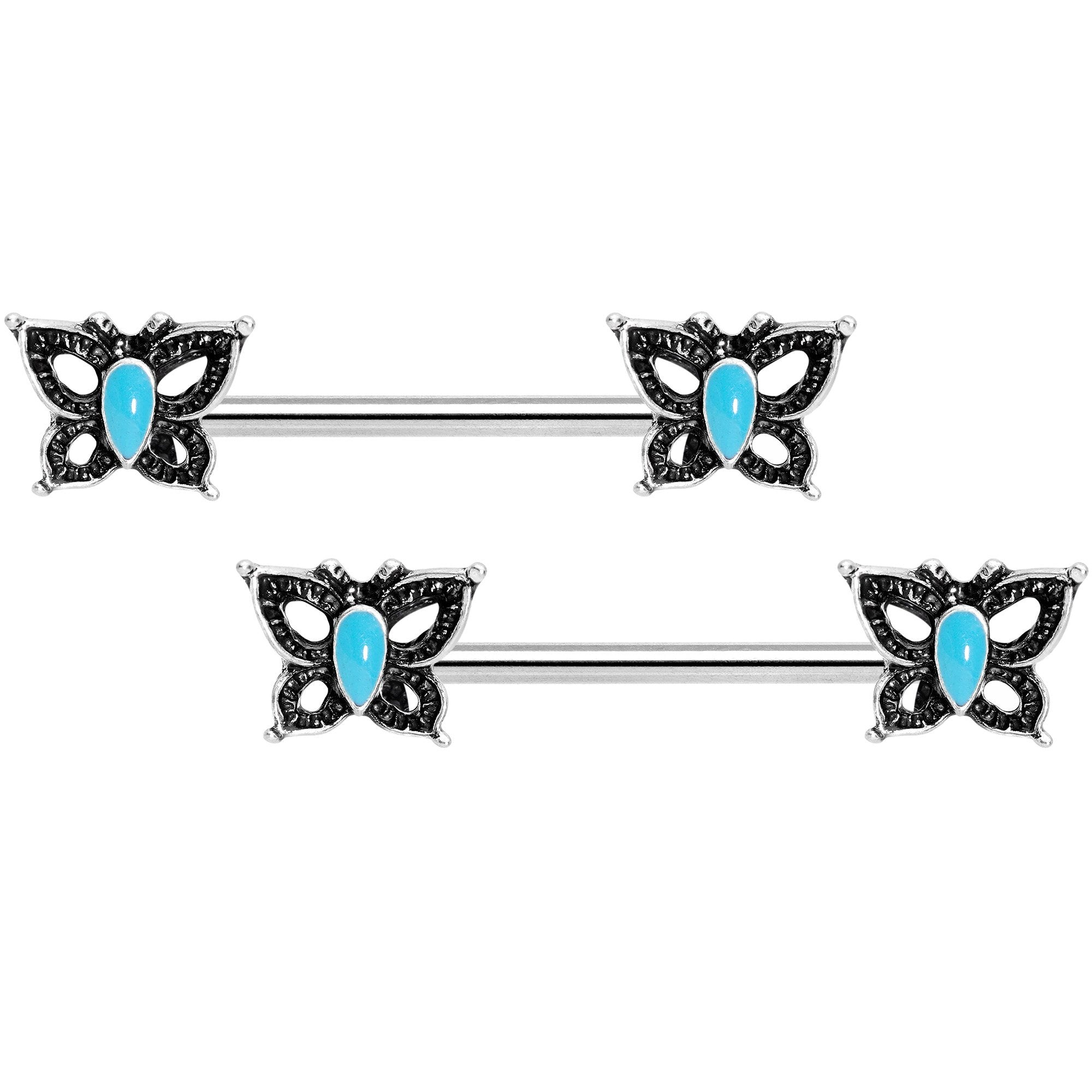 14 Gauge Faux Turquoise Butterfly BCR Barbell Nipple Ring Set of 4