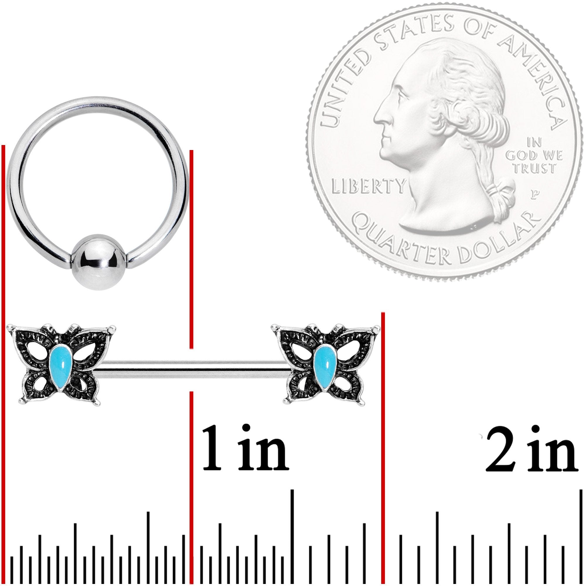 14G Faux Turquoise Butterfly BCR Barbell Nipple Ring Set of 4