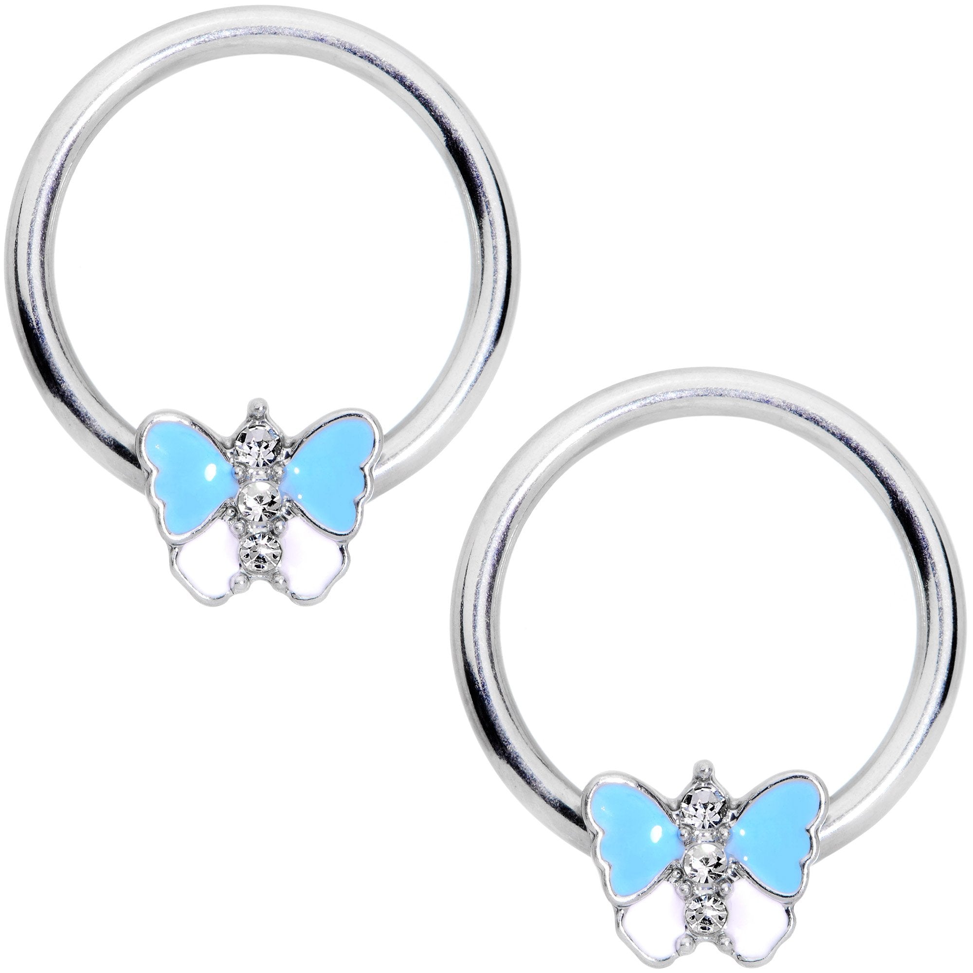 14G Blue White Inlay Butterfly BCR Barbell Nipple Ring Set of 4