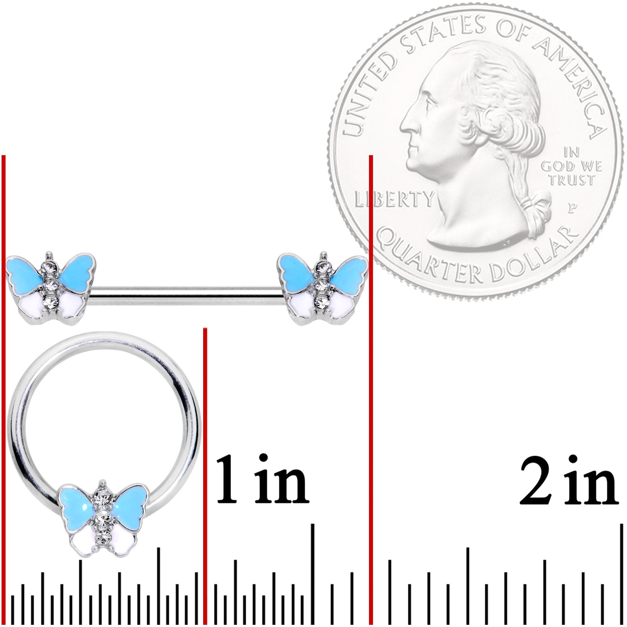 14G Blue White Inlay Butterfly BCR Barbell Nipple Ring Set of 4