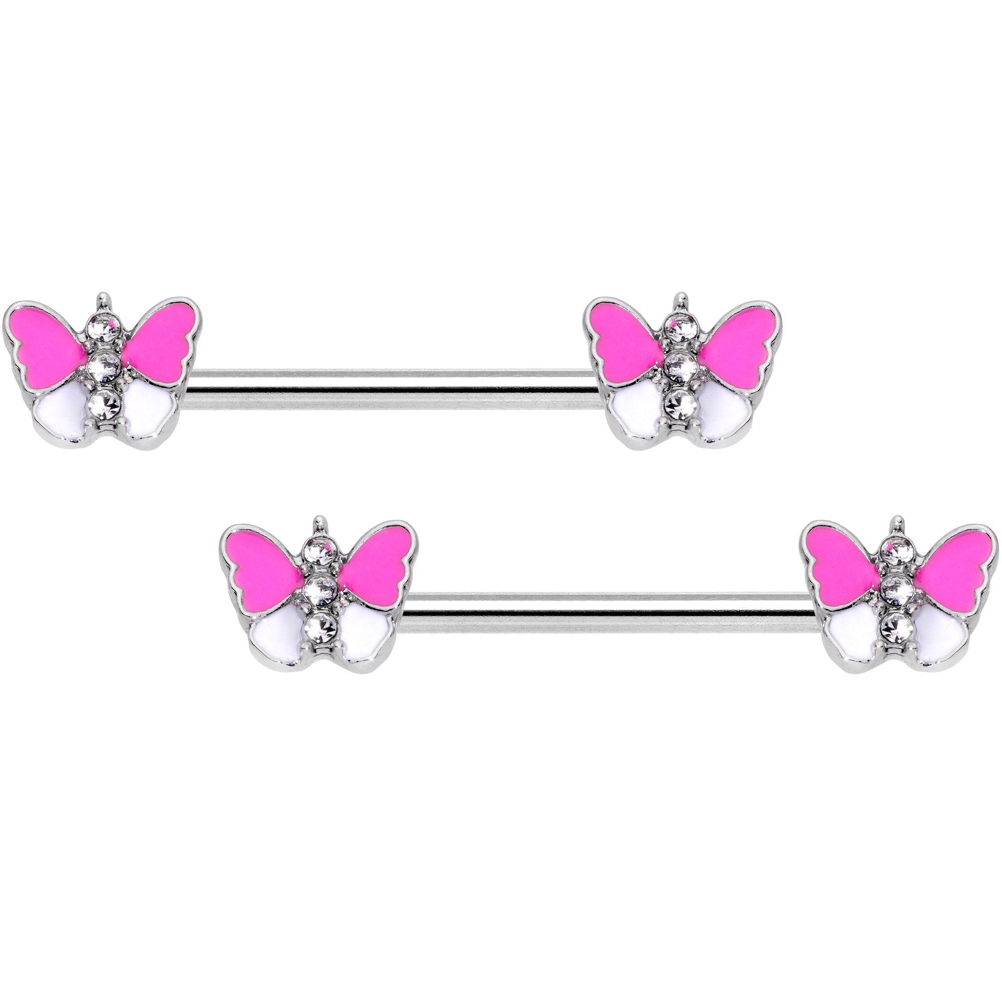 14 Gauge Pink White Inlay Butterfly BCR Barbell Nipple Ring Set of 4