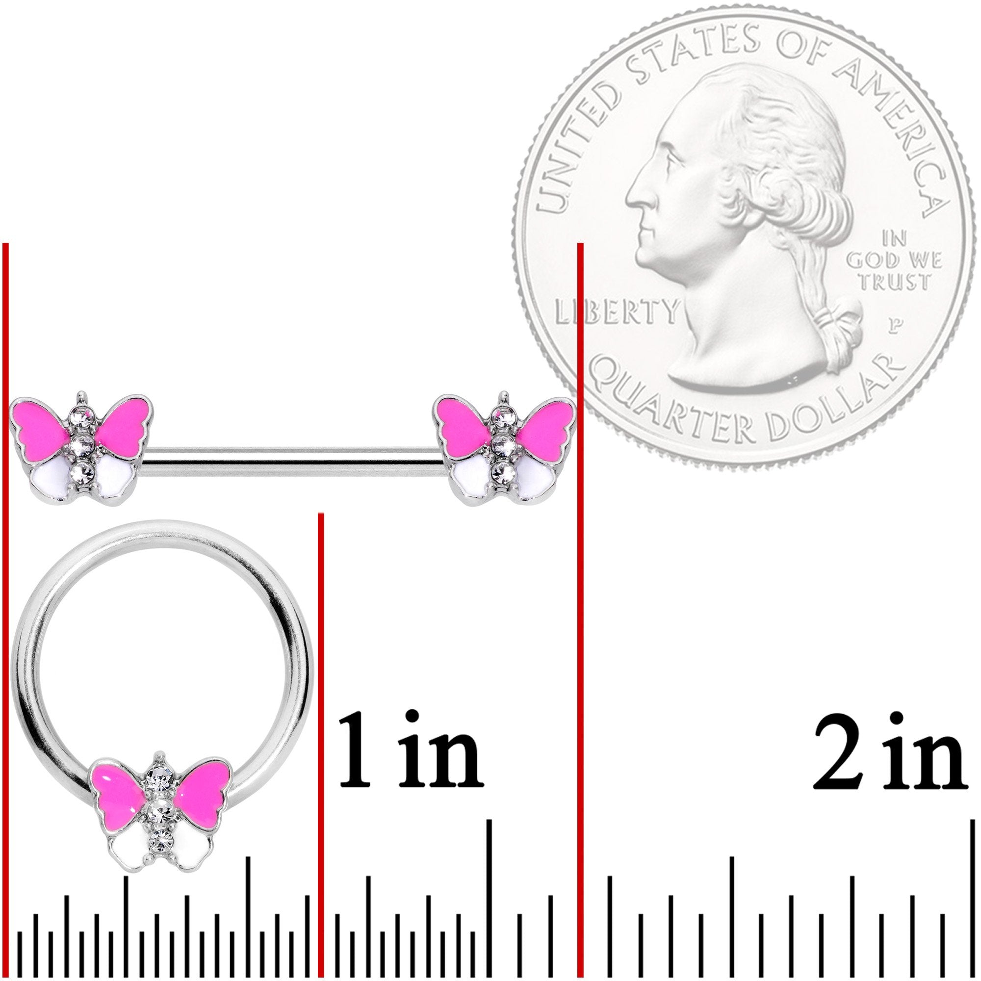 14 Gauge Pink White Inlay Butterfly BCR Barbell Nipple Ring Set of 4