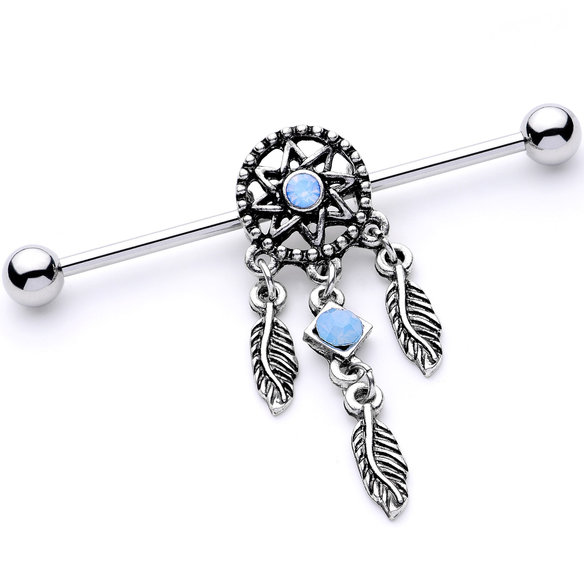 Blue Synthetic Opal Feather Dreamcatcher Industrial Barbell 38mm