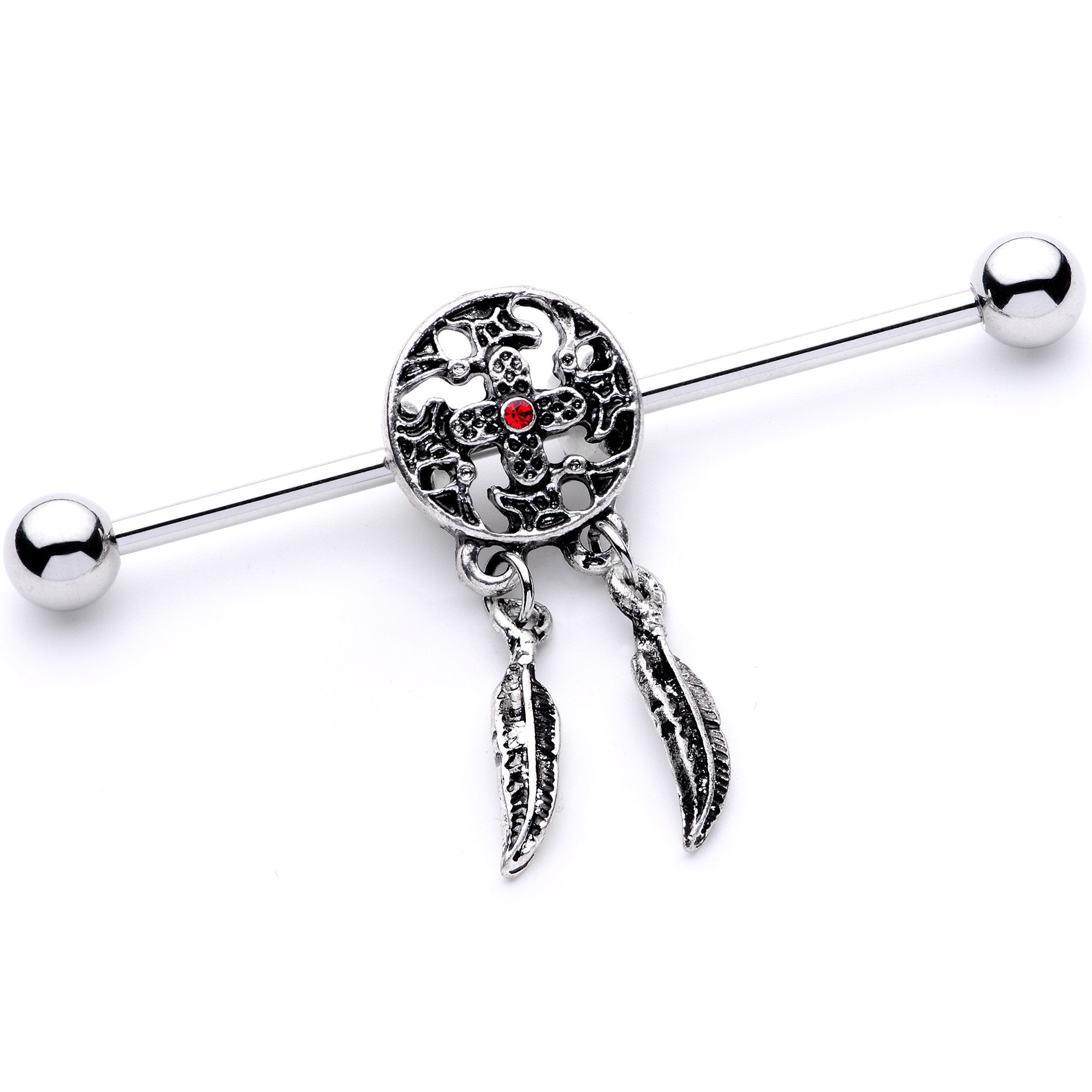 14G Red Gem Cross and Feather Dangle Industrial Barbell 38mm