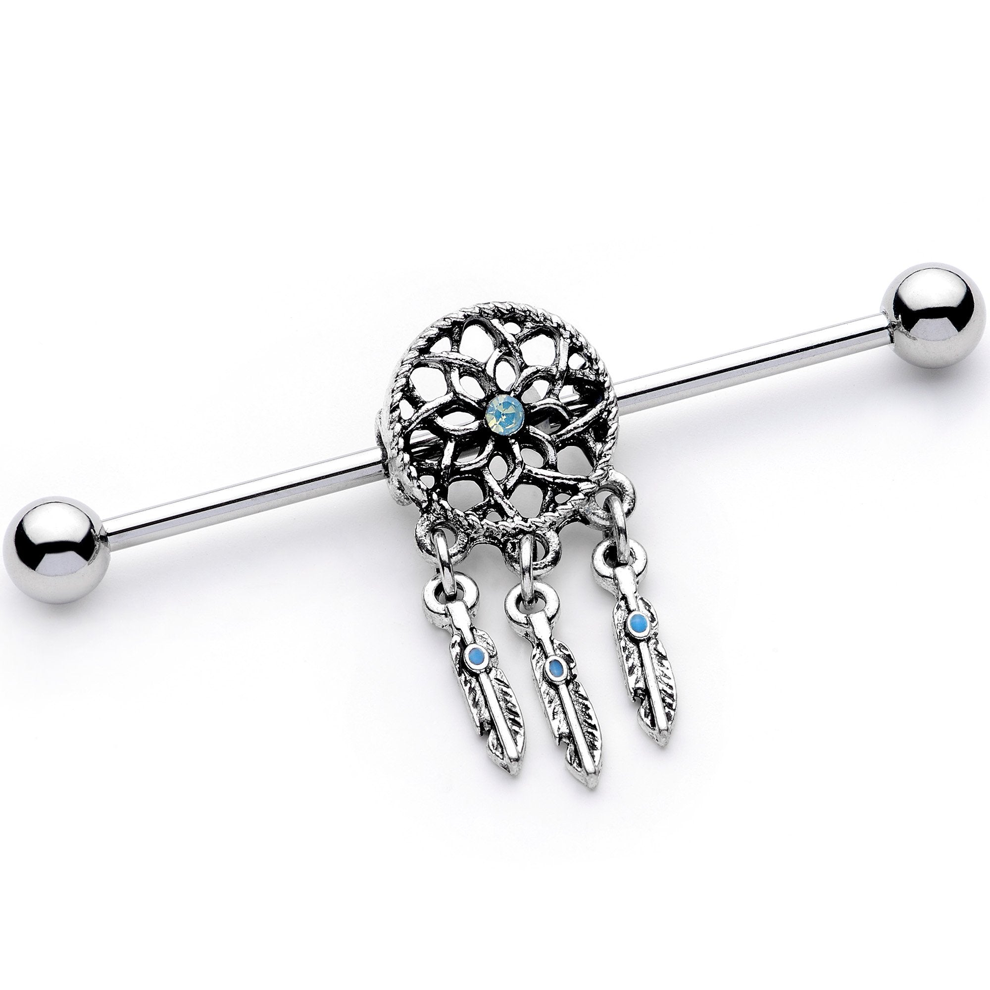 White Faux Opal Feather Dreamcatcher Dangle Industrial Barbell 38mm