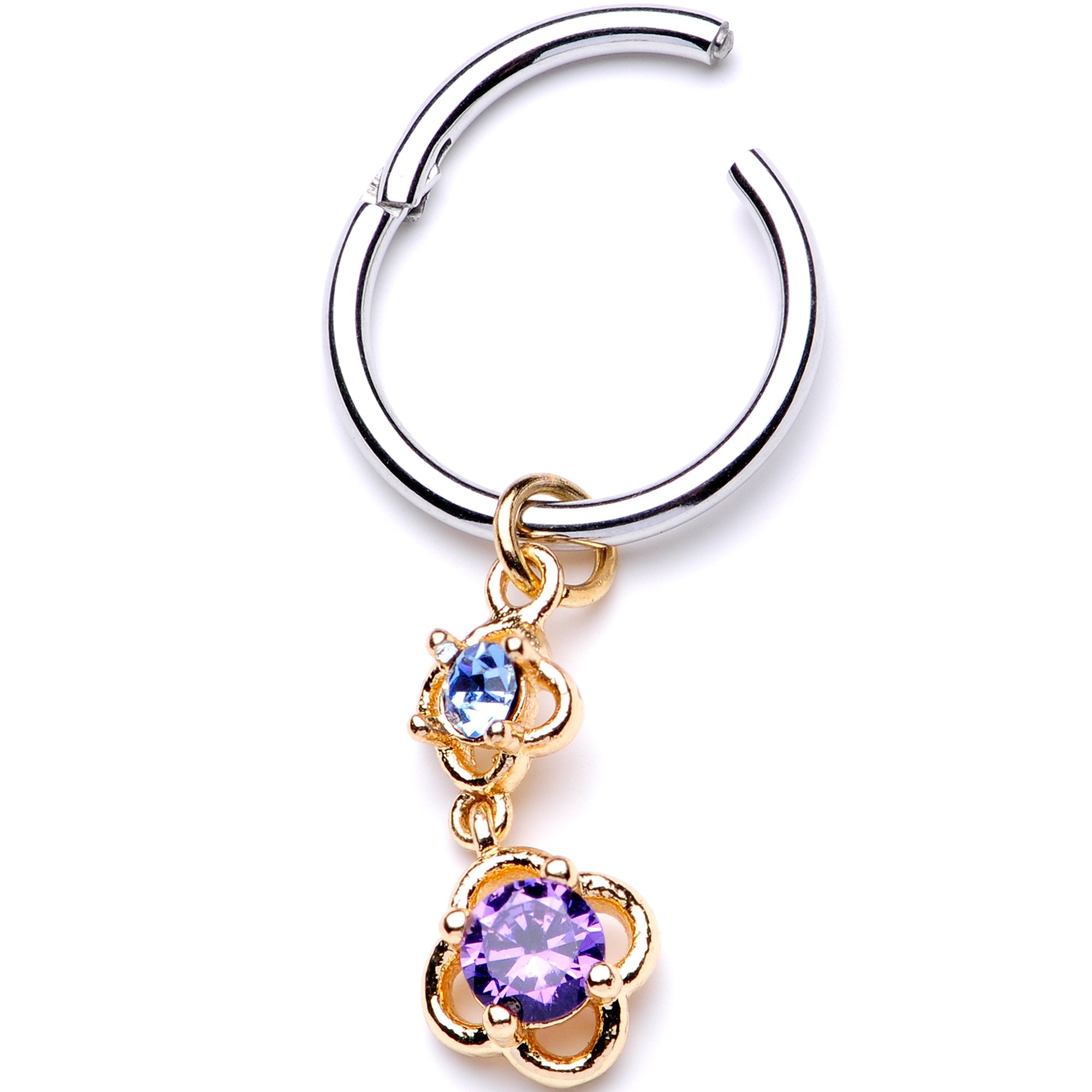 16G 3/8 Blue Purple Gem Flower Dangle Hinged Segment Ring